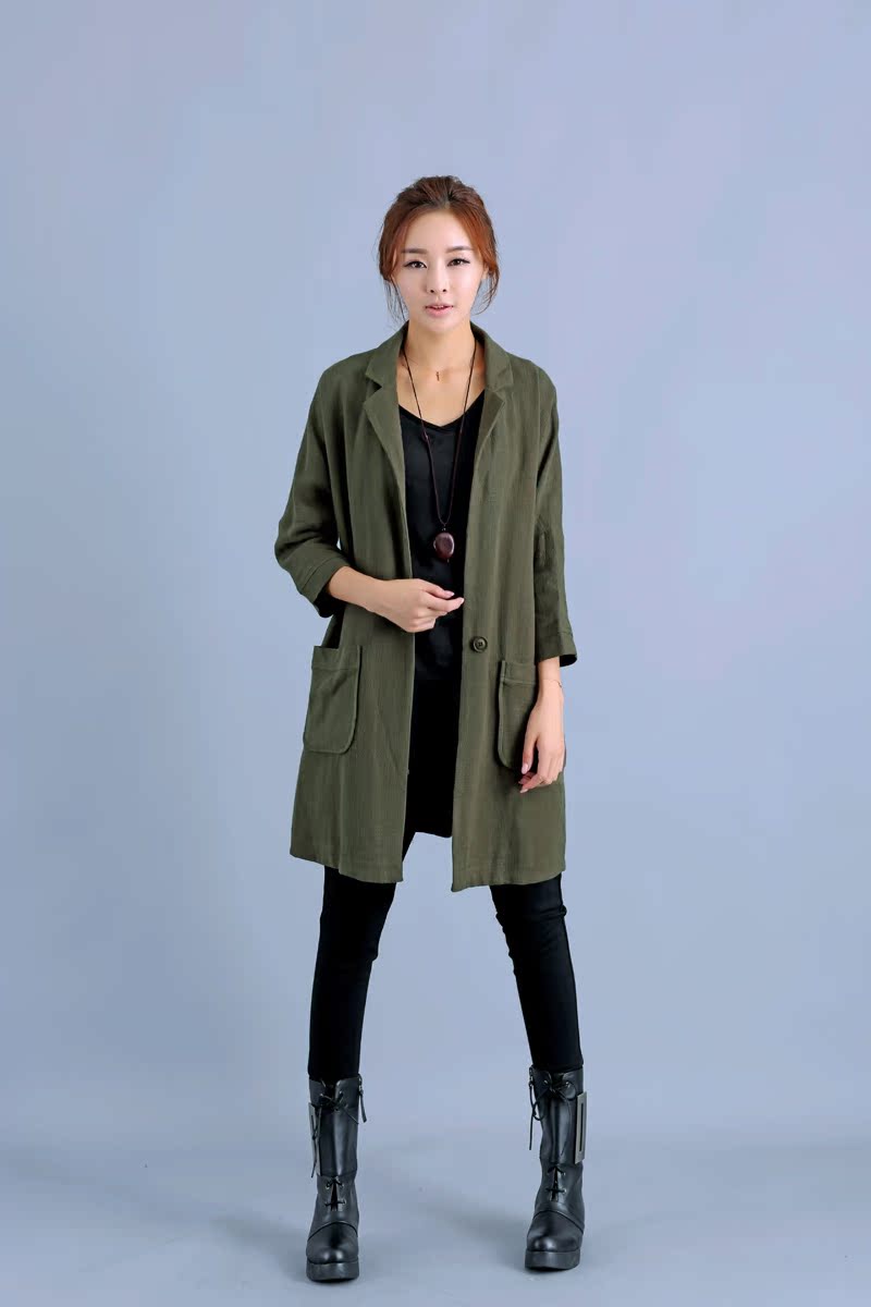 秋冬棉麻开衫外套大码宽松西装领中长款亚麻韩