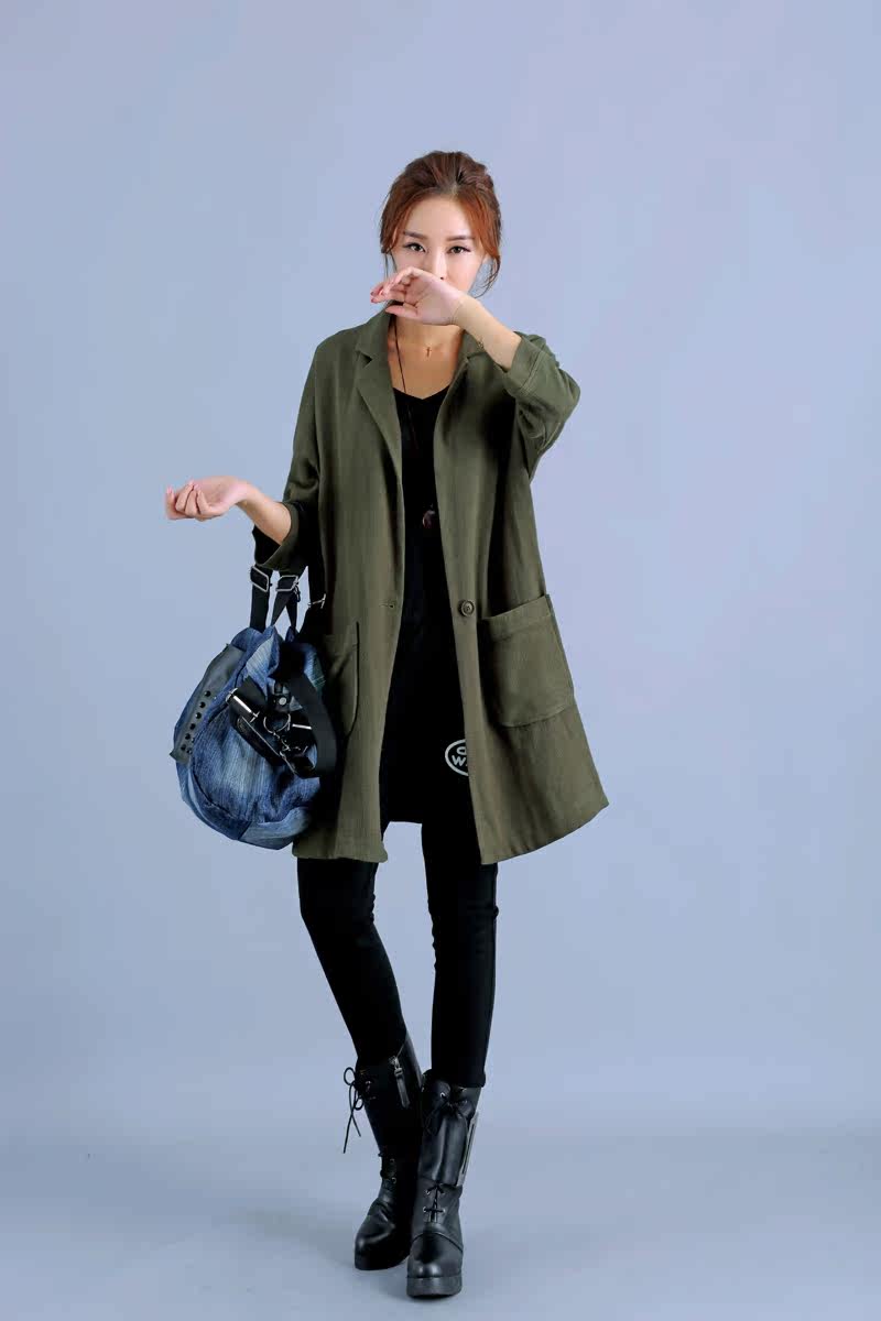 秋冬棉麻开衫外套大码宽松西装领中长款亚麻韩