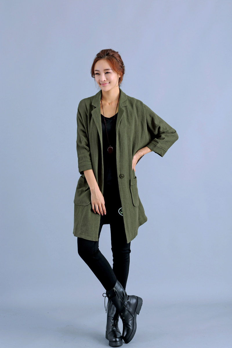 秋冬棉麻开衫外套大码宽松西装领中长款亚麻韩