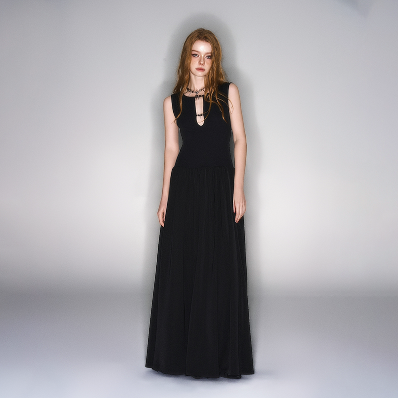 【Hemo】Niche Original Design Spring/Summer New Product Studded Hollow-Out Patchwork Black Casual Versatile Long Dress