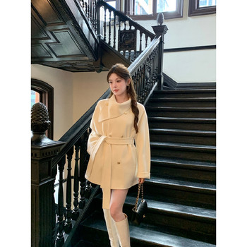 Women's thickened lace-up scarf collar double-sided woolen coat winter