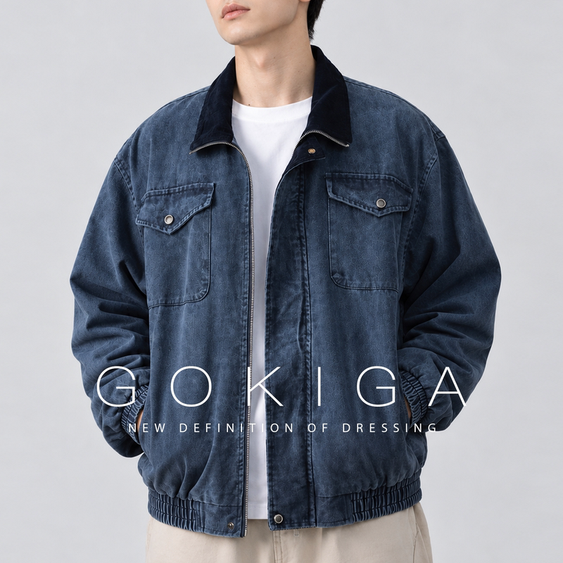 Gokiga Miyazaki Japanese Retro Washed Multi-Pocket Work Jacket for Men, Loose Fit, Pure Cotton, Color-Blocking Jacket 3537