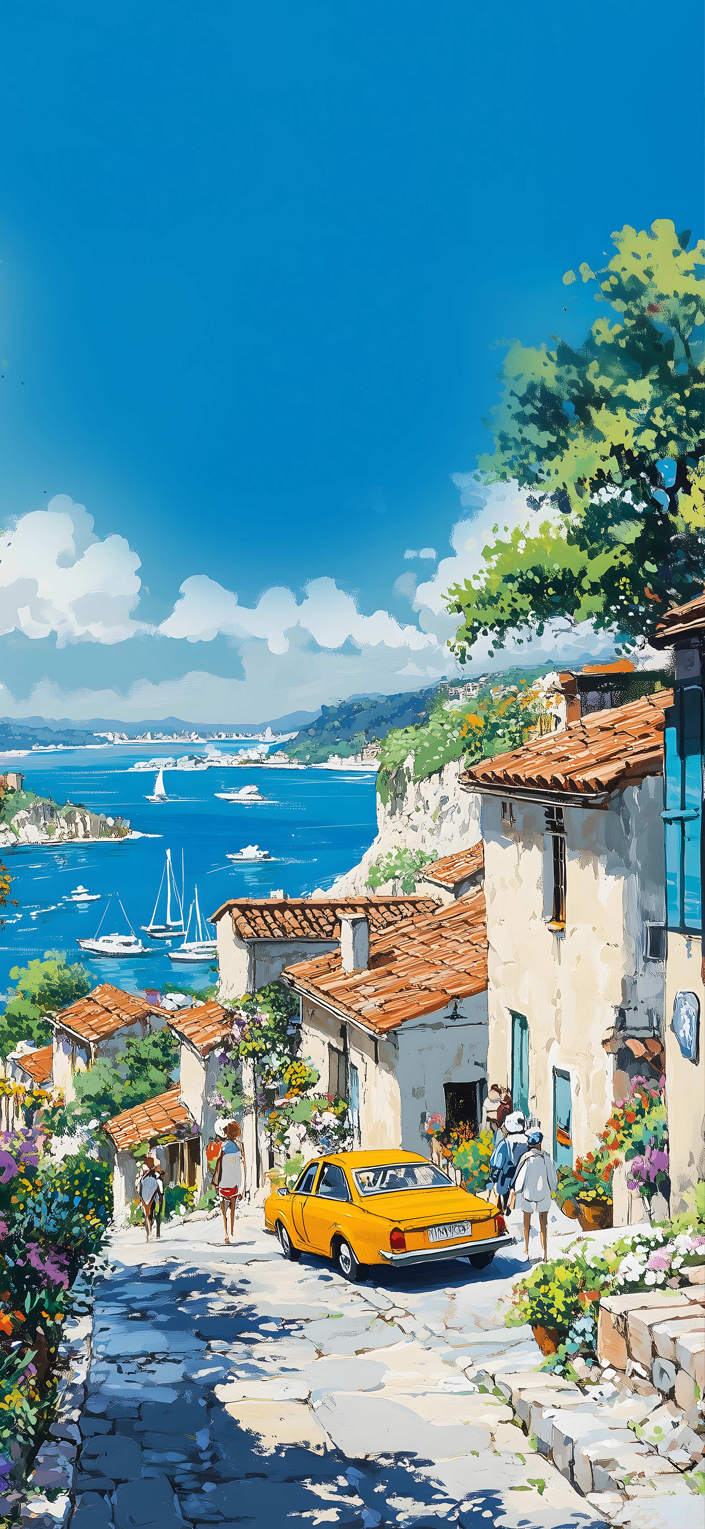 地中海夏日海边小镇油画风景 4K 高清无水印竖版手机壁纸 治愈清新插画锁屏壁纸