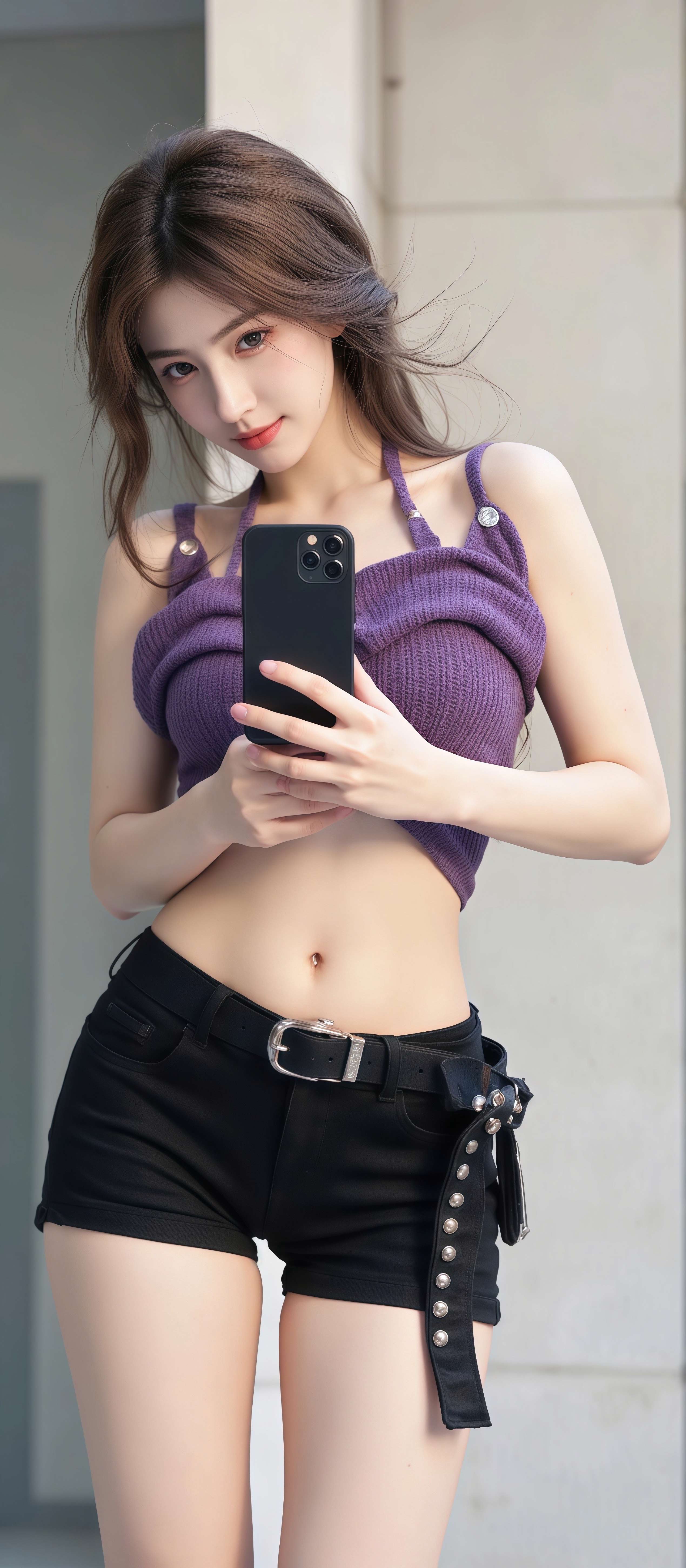 户外辣妹自拍壁纸 紫色吊带少女竖版手机锁屏