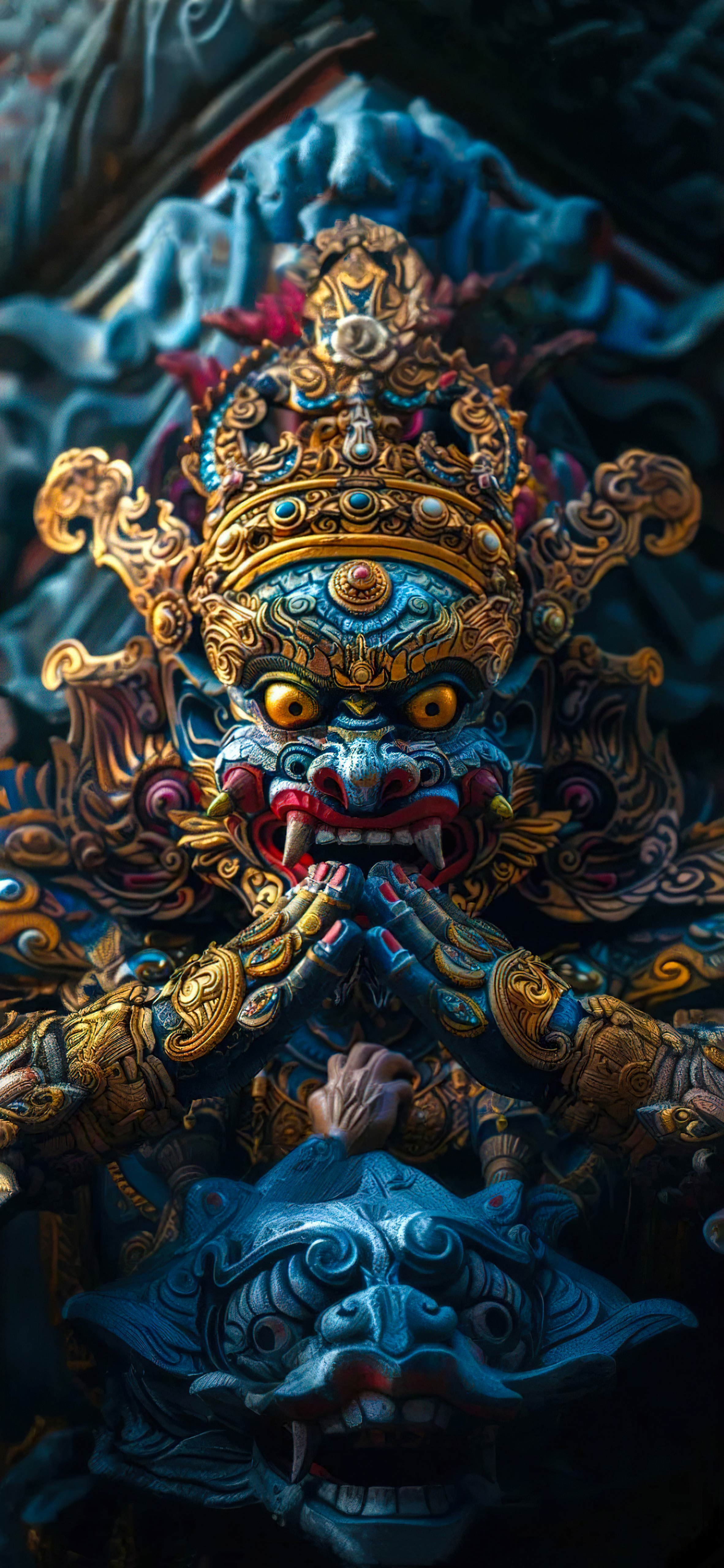 4K 高清藏传多臂护法神像竖版特写,蓝身鎏金彩绘雕像,忿怒面相,繁复雕花,藏式宗教雕塑,无水印手机壁纸