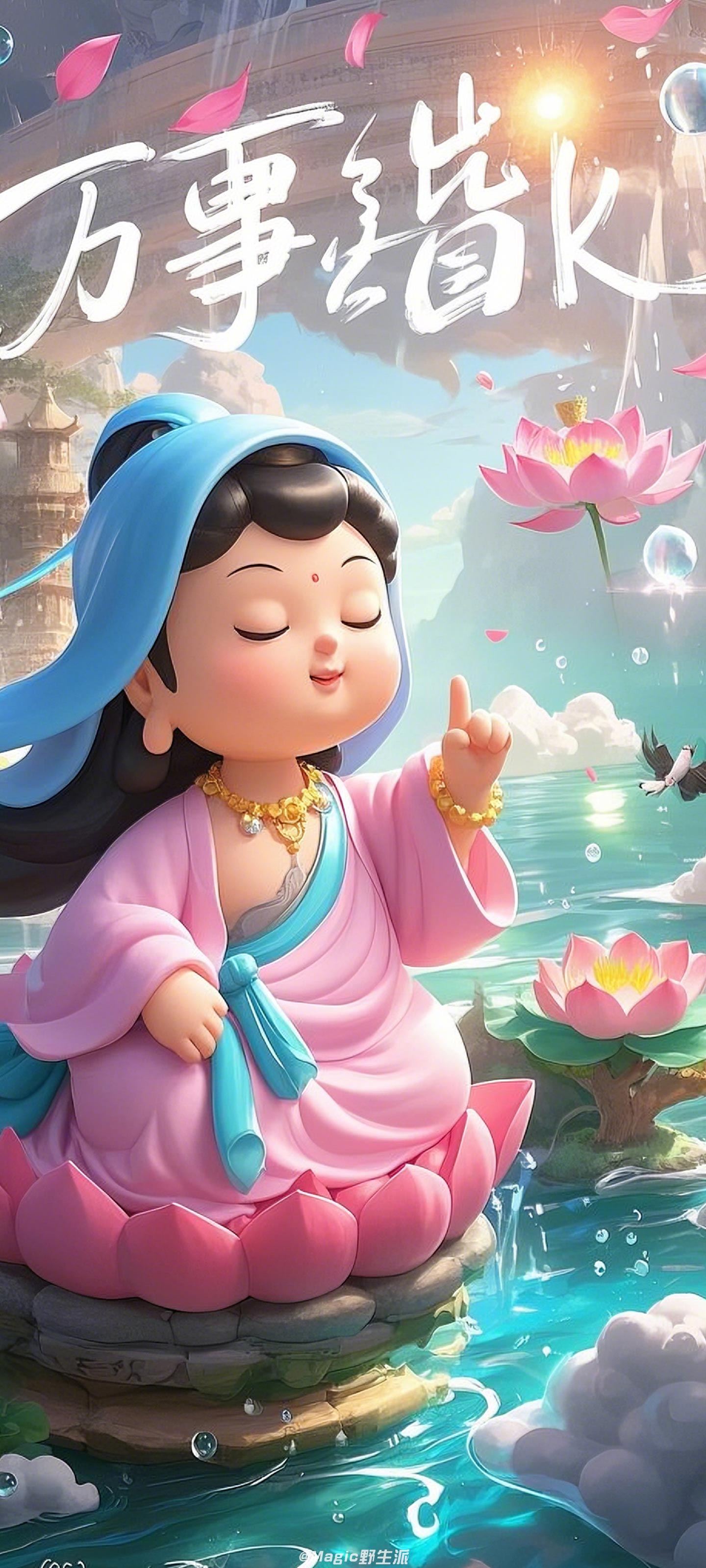 Q 版 3D 观音万事皆 OK 壁纸 莲花荷塘治愈祈福国潮竖版手机锁屏