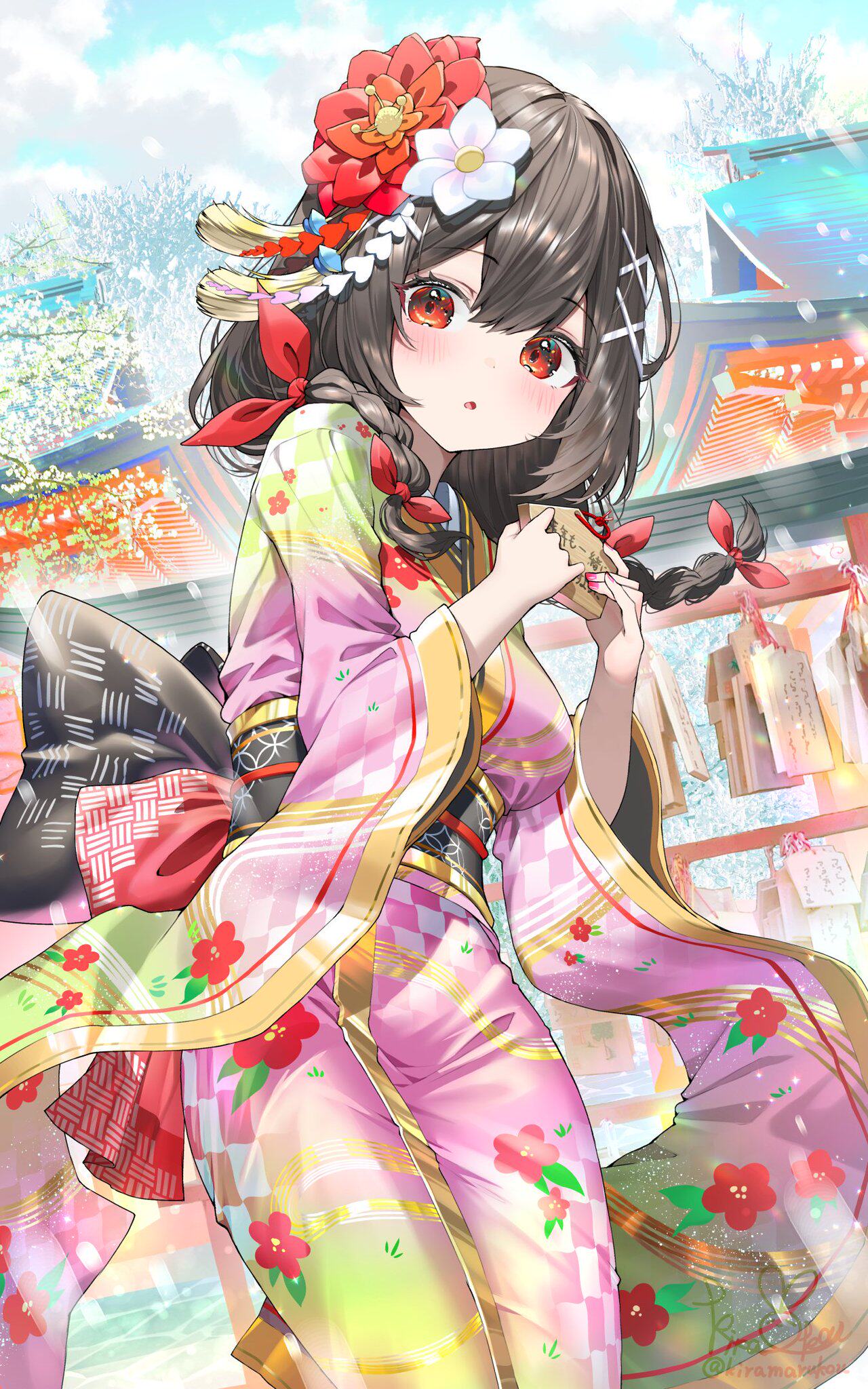 4K 日系和服少女动漫手机壁纸 樱花神社许愿绘马二次元美图