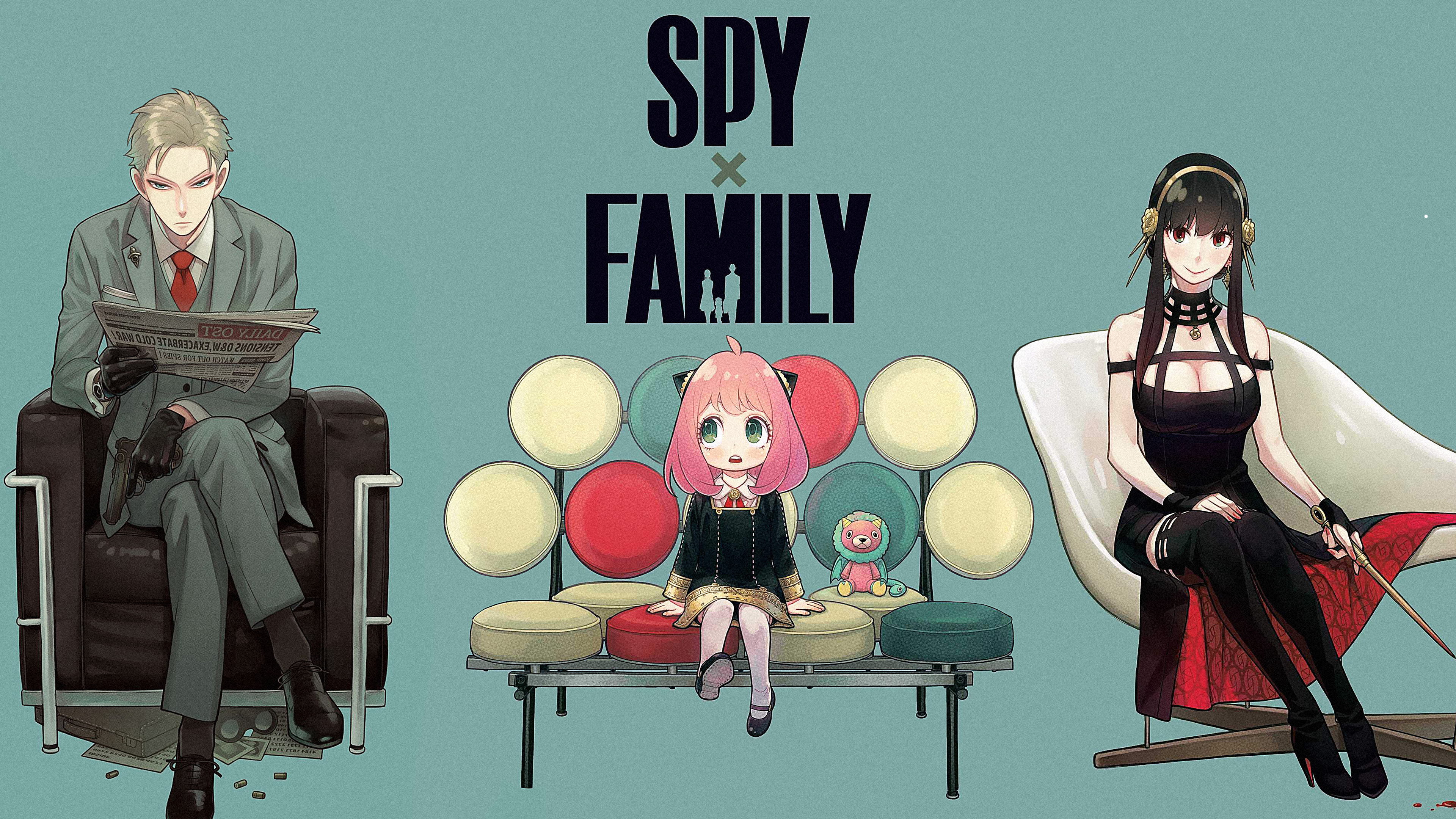 间谍过家家 Spy x Family 福杰一家简约青底全家福 4K 电脑壁纸