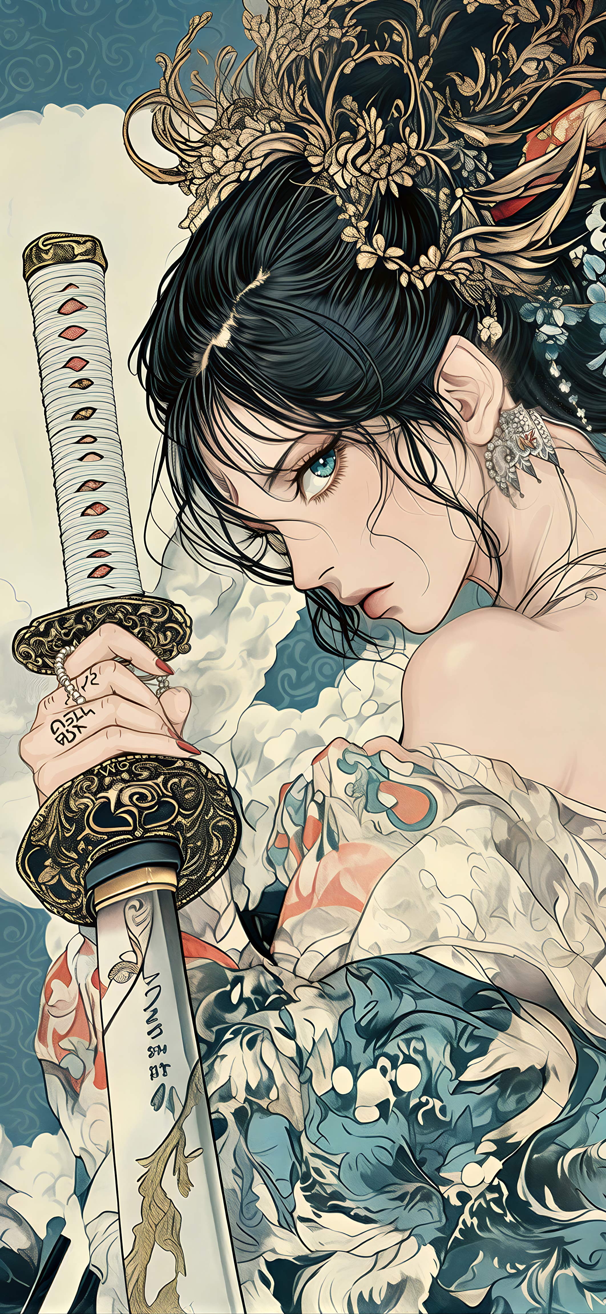 浮世绘武士少女壁纸 日式和风持刀华丽插画竖版手机锁屏