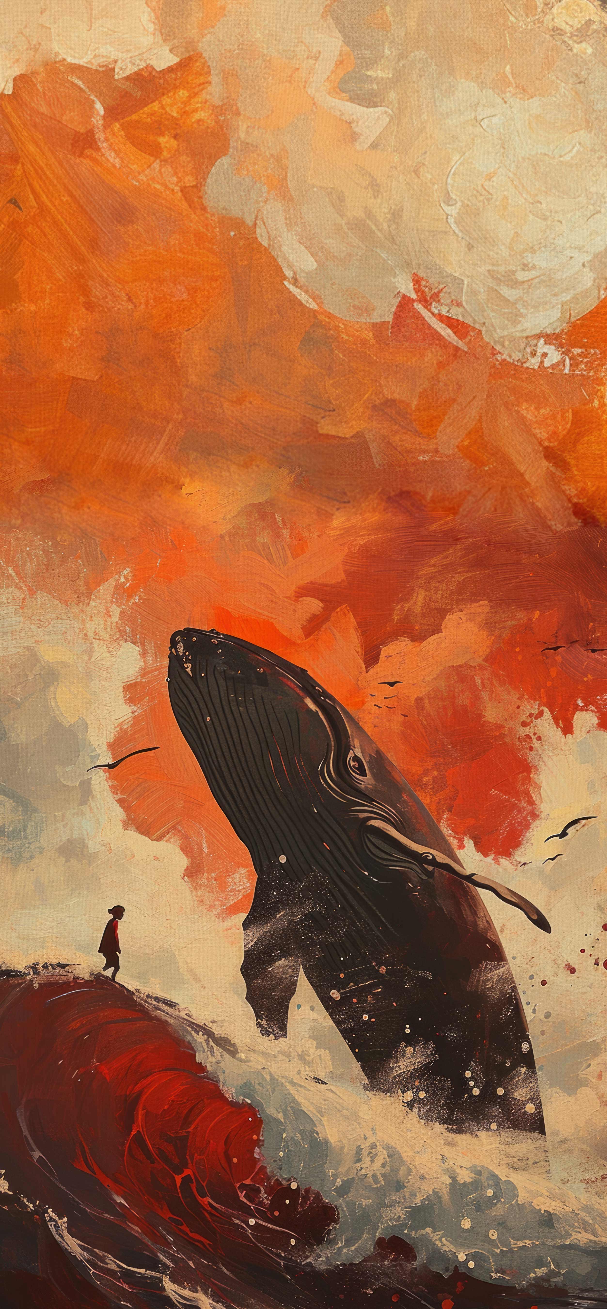 油画风海边巨鲸 4K 手机壁纸｜红调厚涂艺术插画锁屏背景