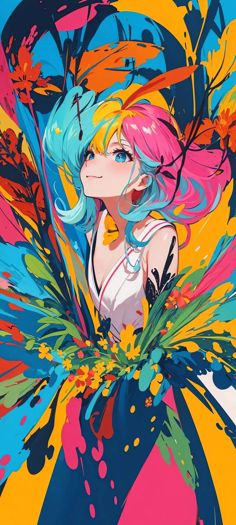 撞色多彩发色动漫少女 4K 竖版手机壁纸,缤纷花卉背景,浓烈泼墨色彩,潮流日系二次元插画