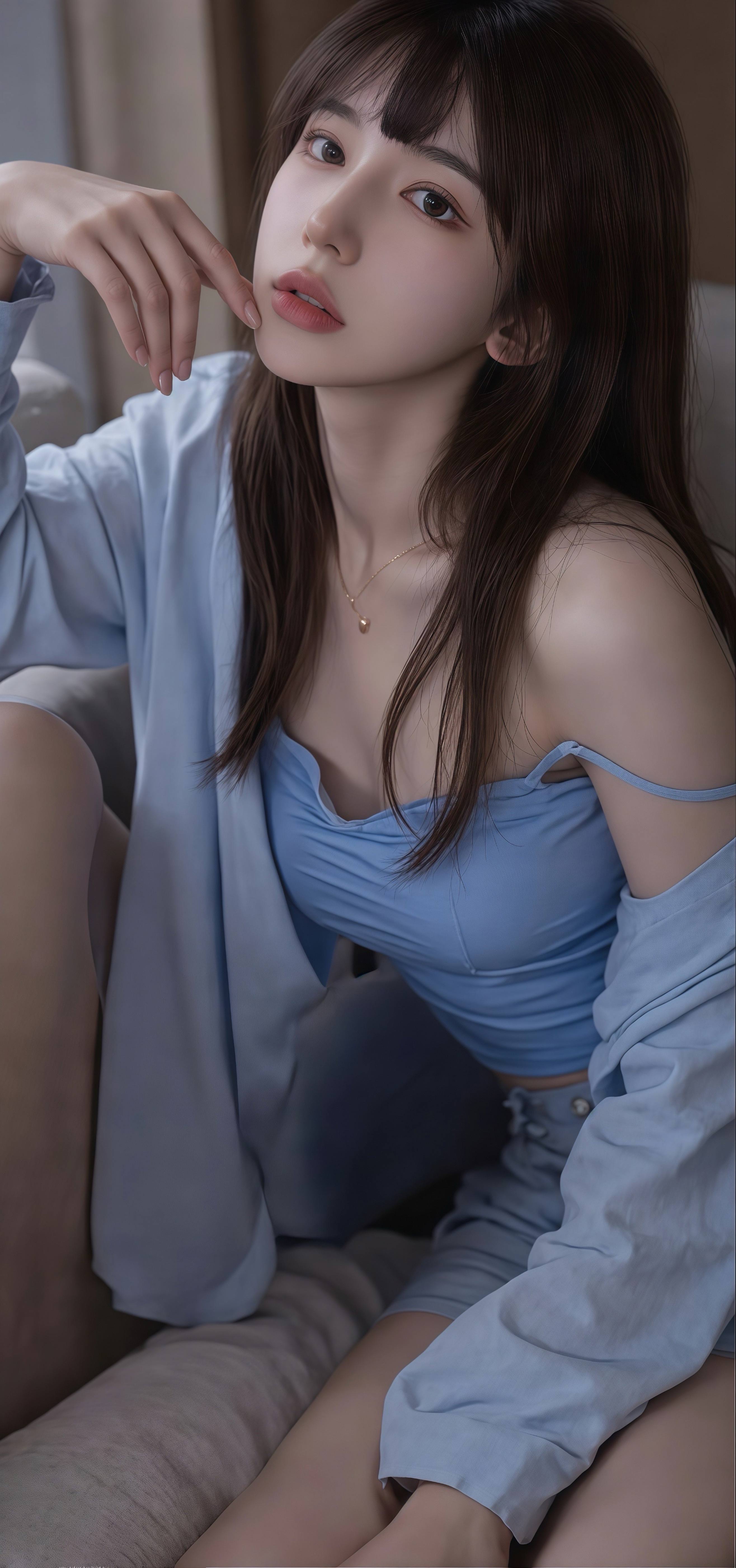 浅蓝居家氛围感壁纸 沙发少女竖版手机锁屏