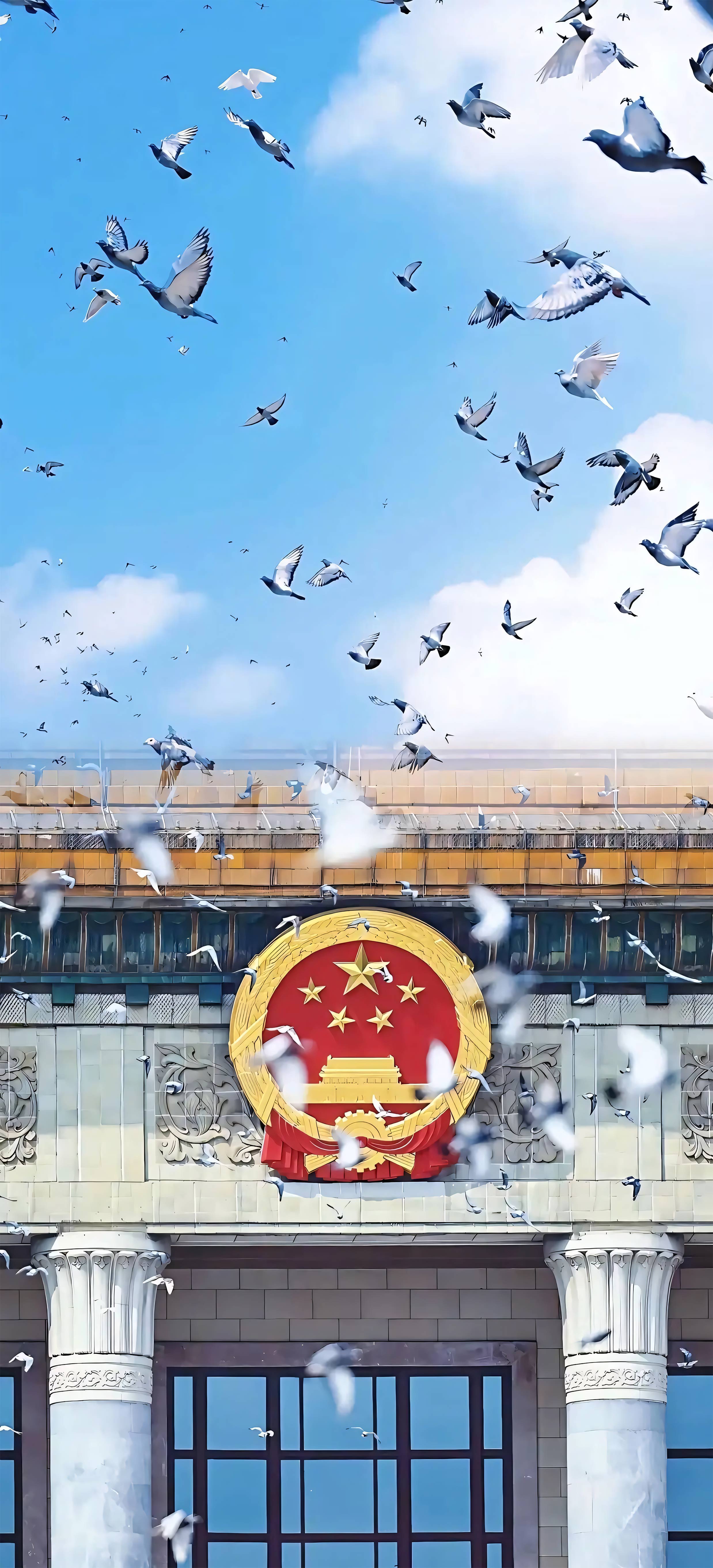 4K 竖版国徽漫天和平鸽蓝天手机壁纸 爱国无水印图片