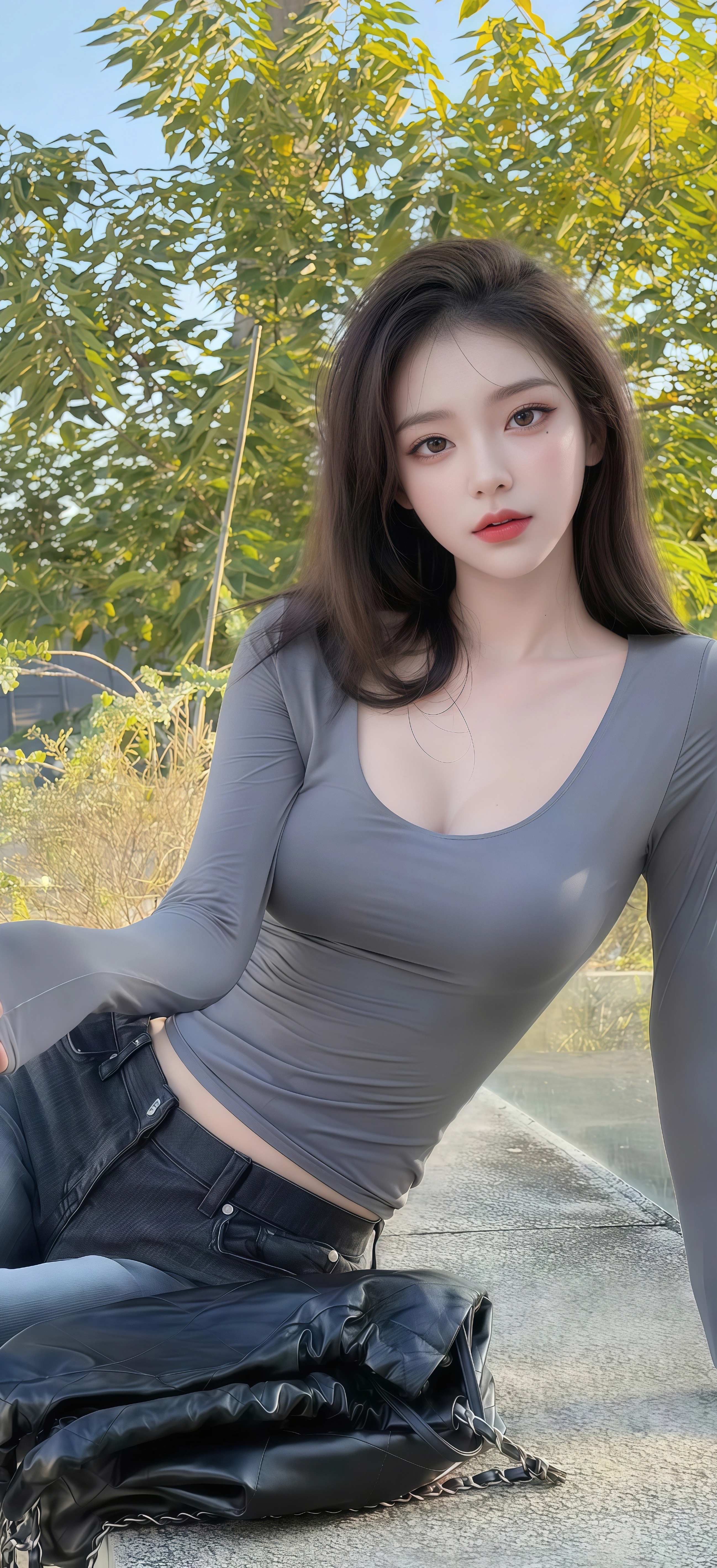 户外晴天壁纸 灰上衣牛仔裤少女竖版手机锁屏