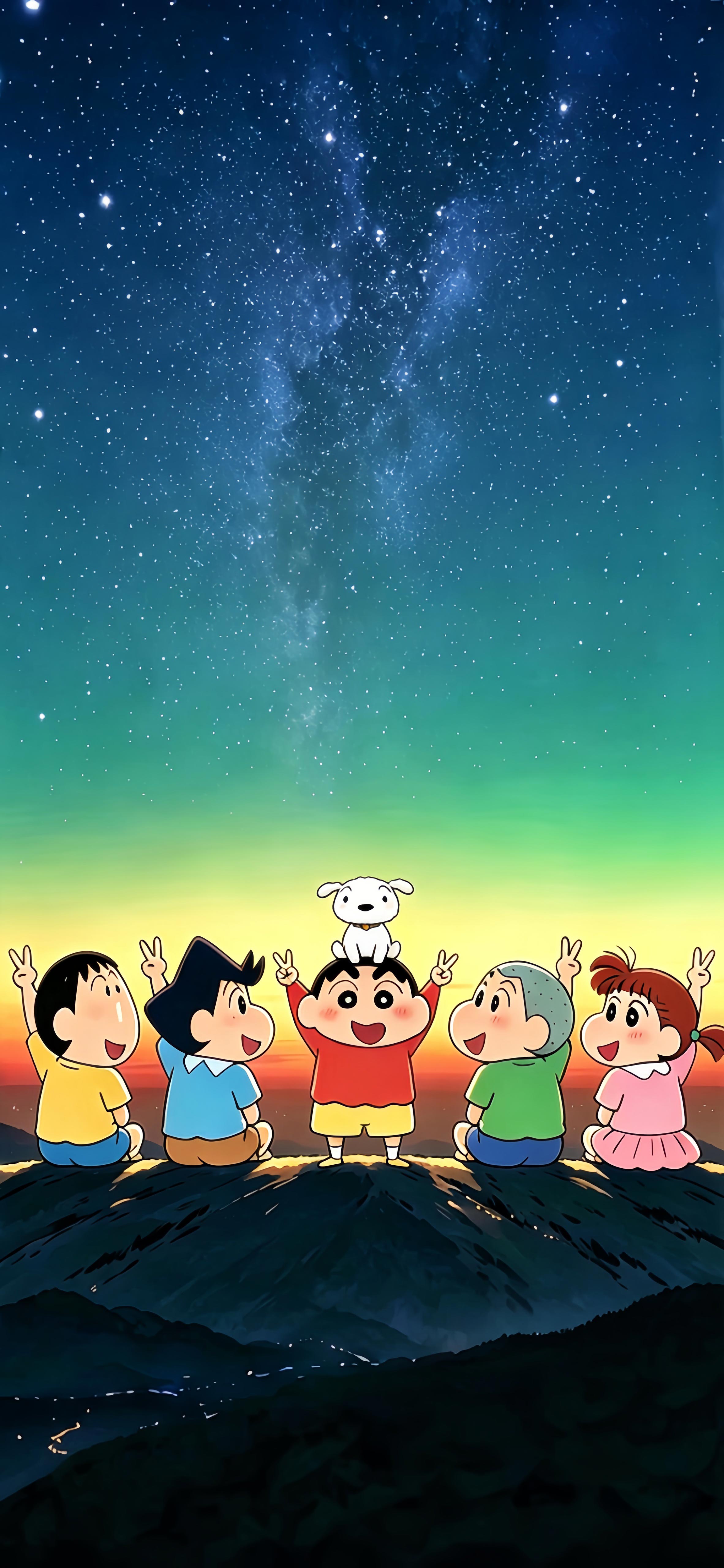 蜡笔小新五人组星空壁纸 山顶银河日落渐变治愈卡通竖版手机锁屏