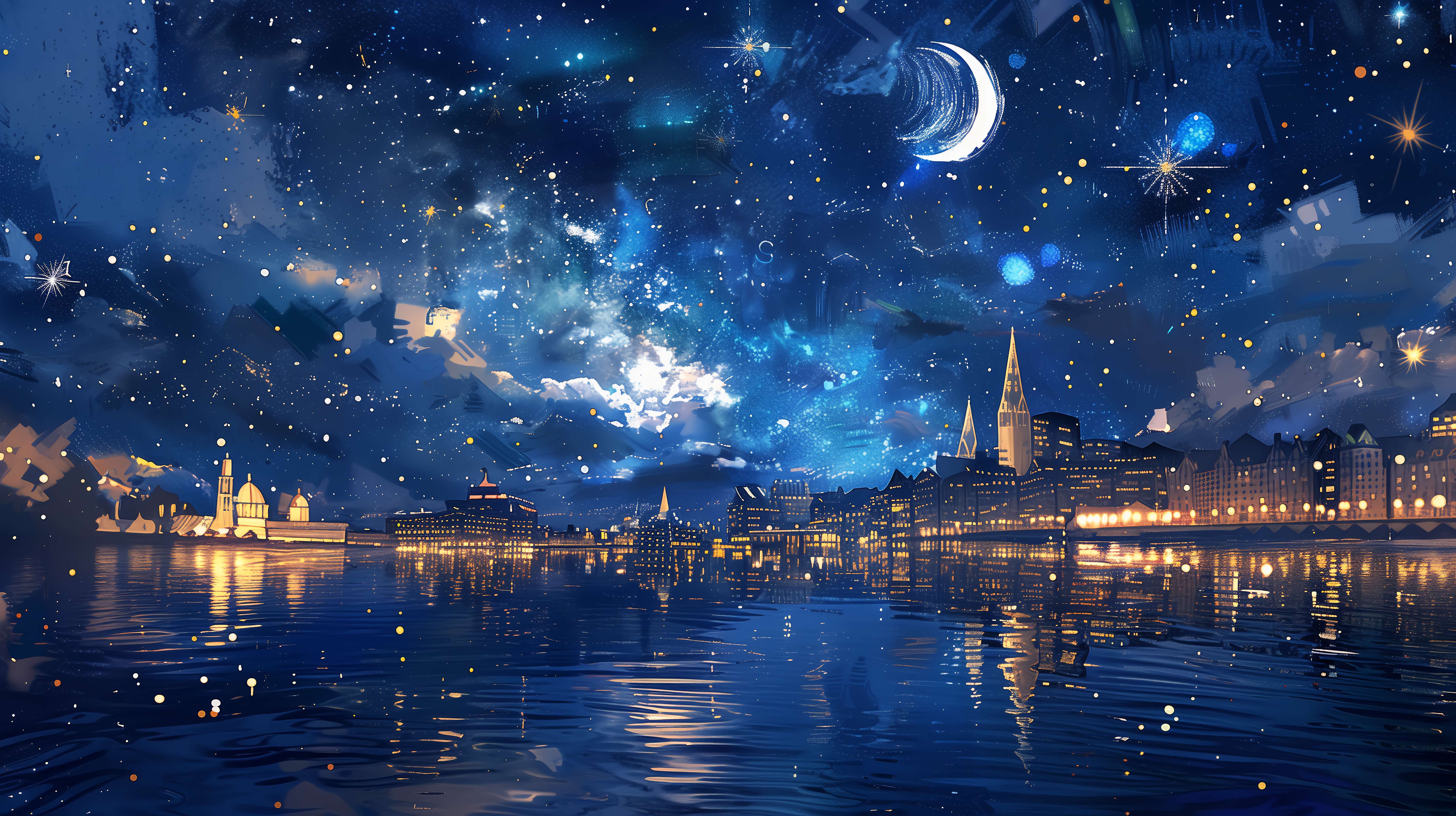 4K 欧式古城河畔星空电脑壁纸 银河弯月水面倒影治愈风景插画无水印