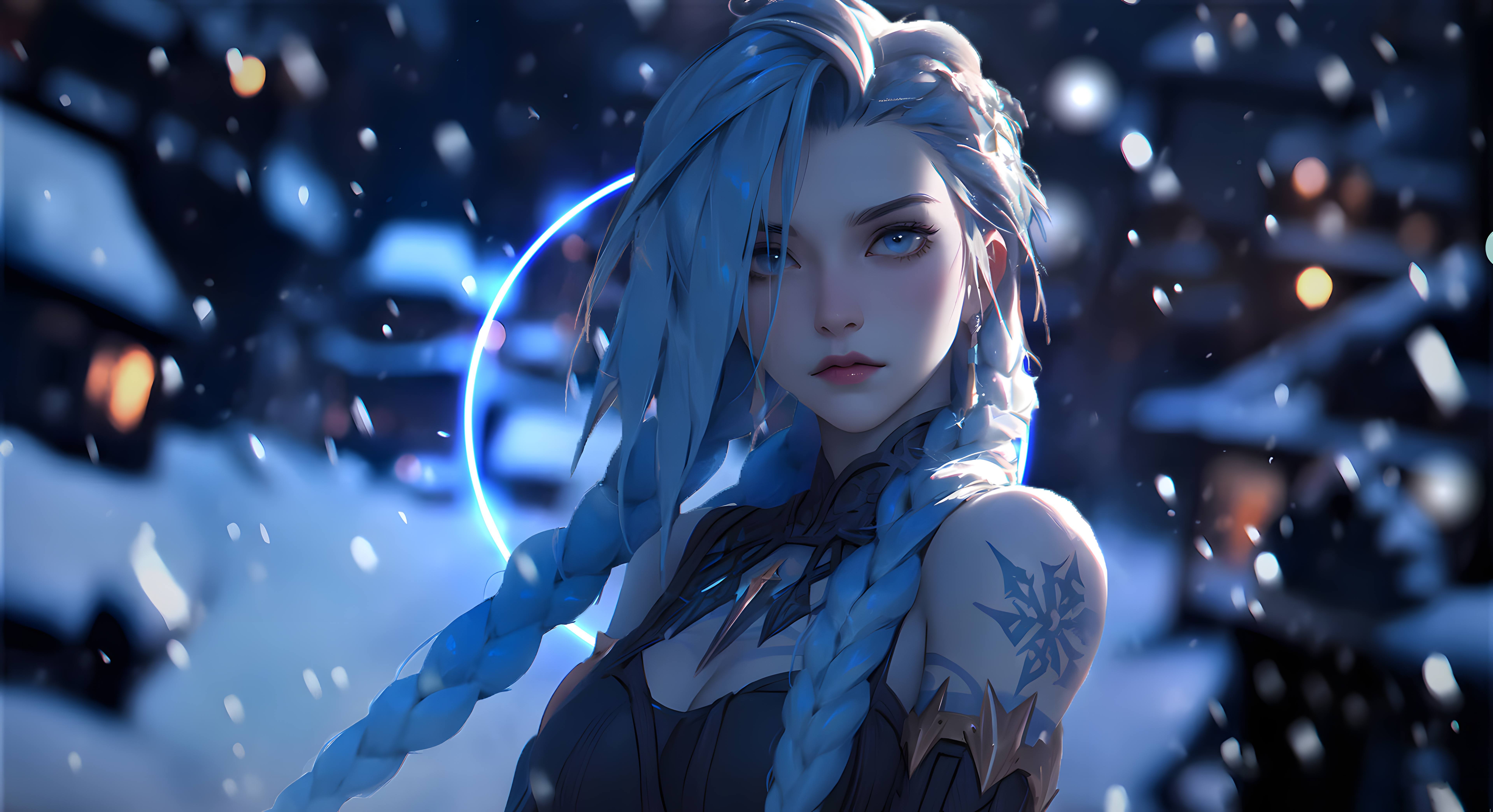英雄联盟金克丝 4K 高清无水印电脑壁纸 冬日雪景动漫插画