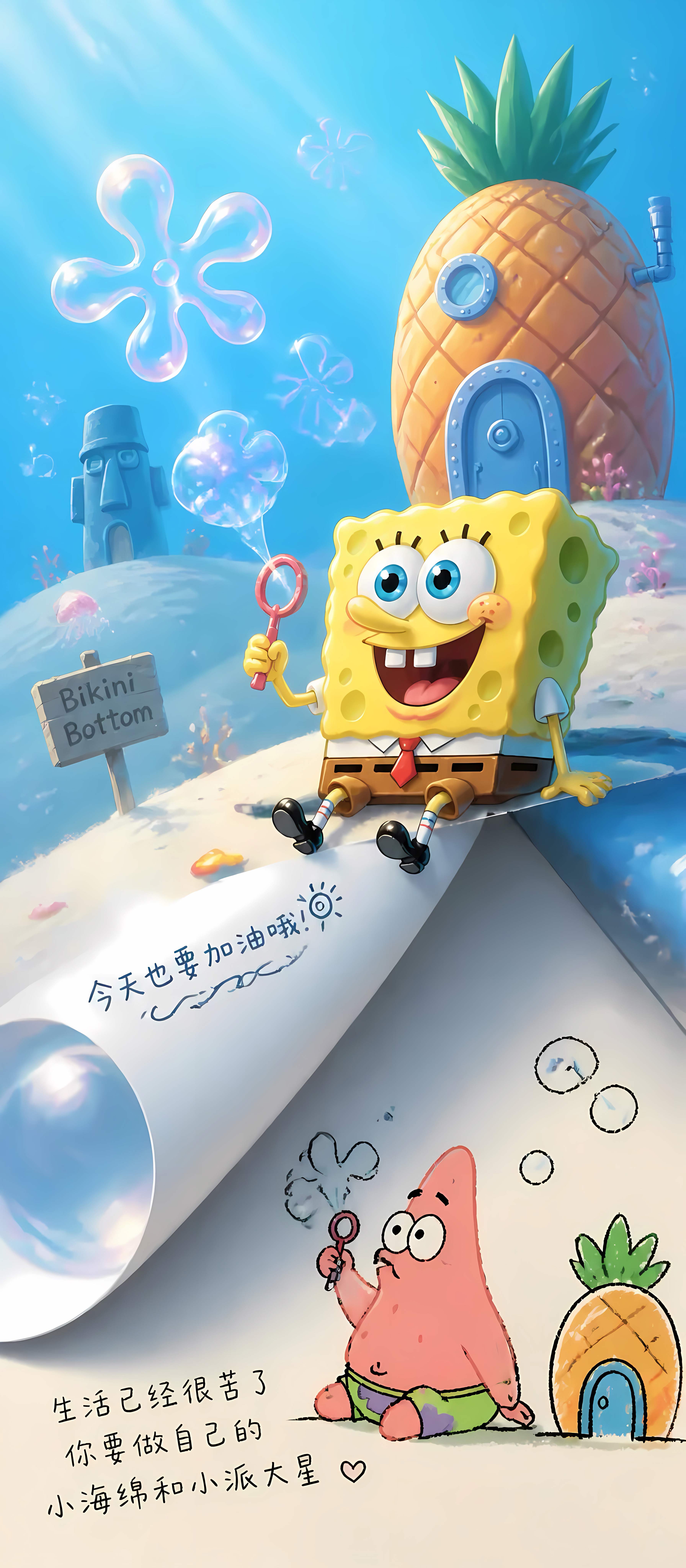 海绵宝宝派大星壁纸 比奇堡励志治愈动漫竖版手机锁屏