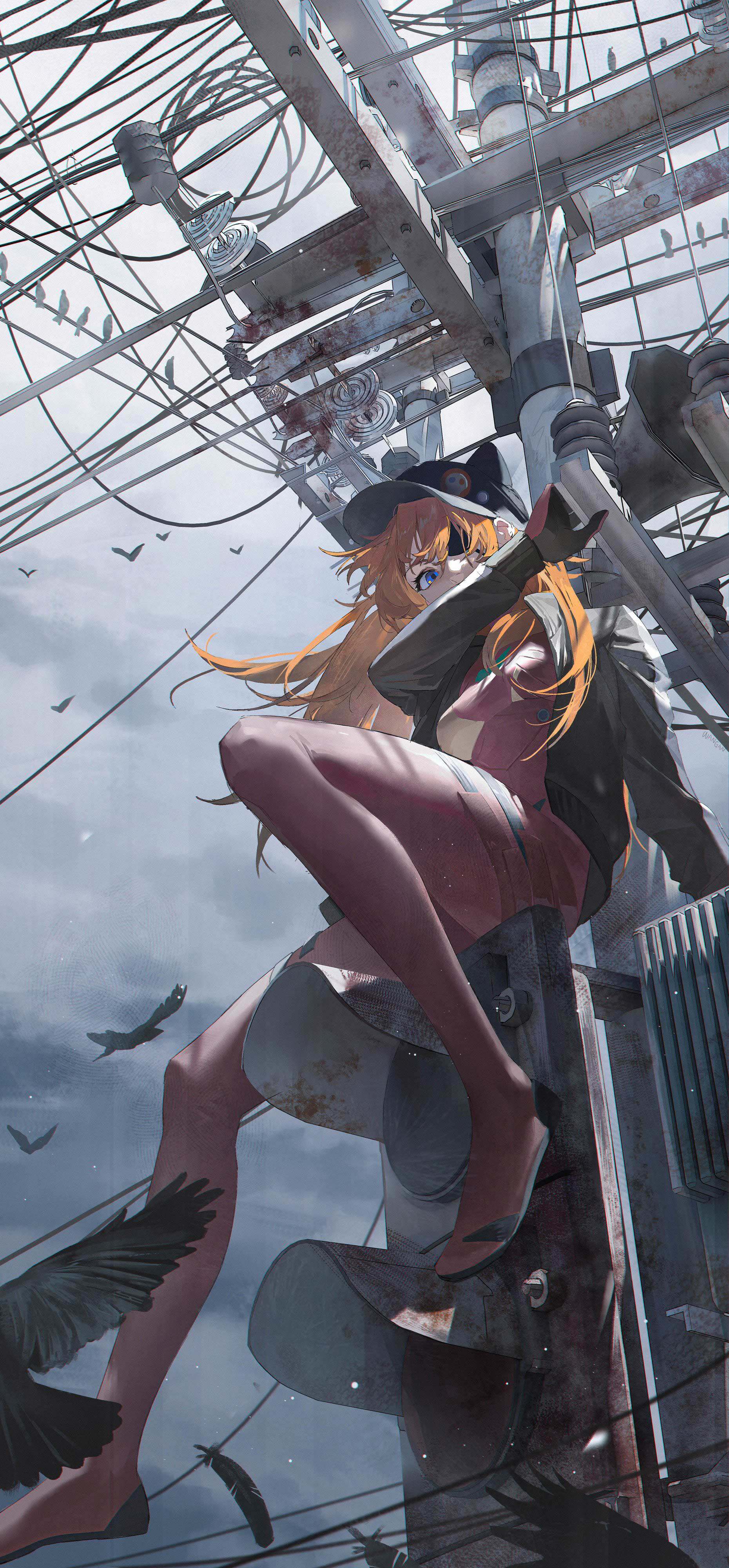 EVA 明日香戴猫耳帽子 4K 竖版手机壁纸,高压电塔,飞鸟,阴天,日系动漫插画
