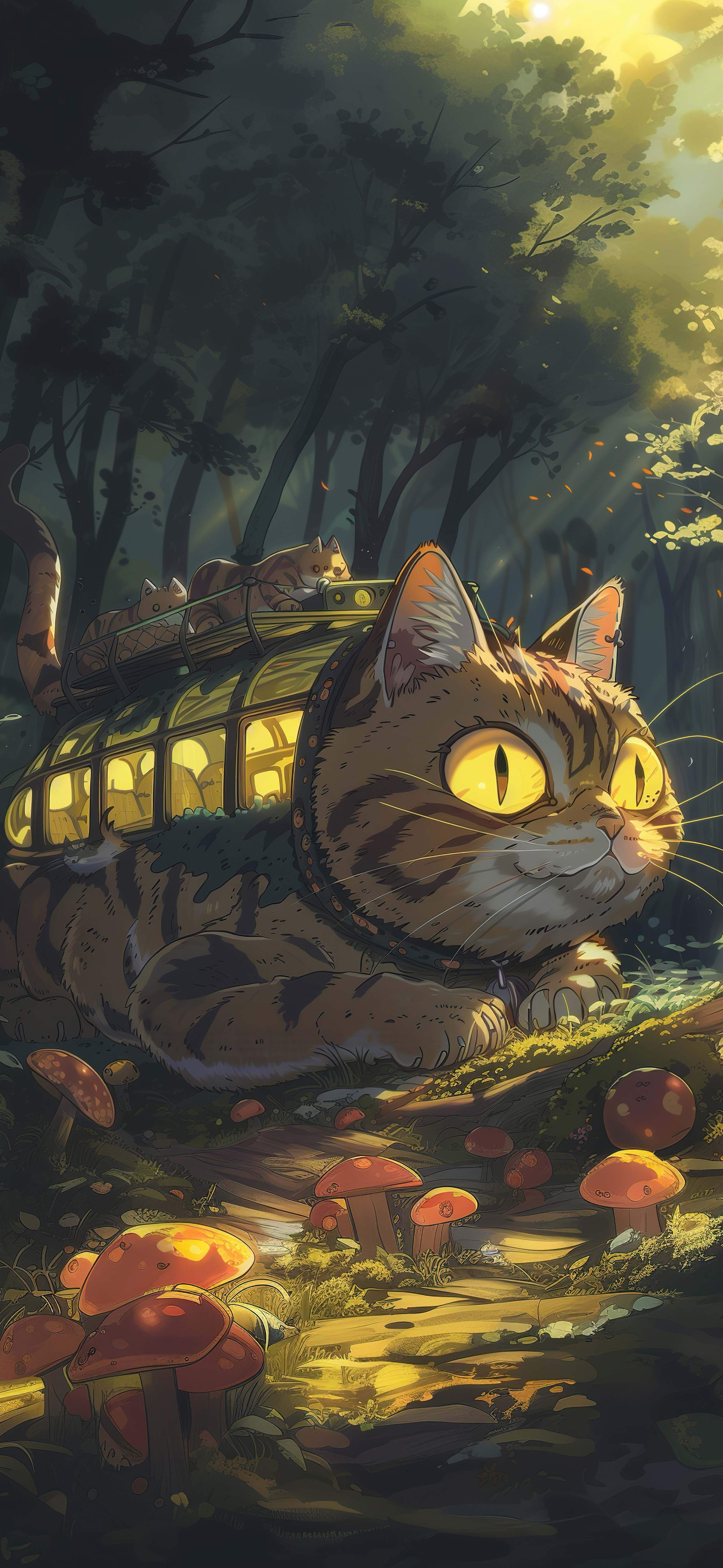 4K 竖版宫崎骏风格猫巴士手机壁纸 森林奇幻猫咪巴士插画锁屏