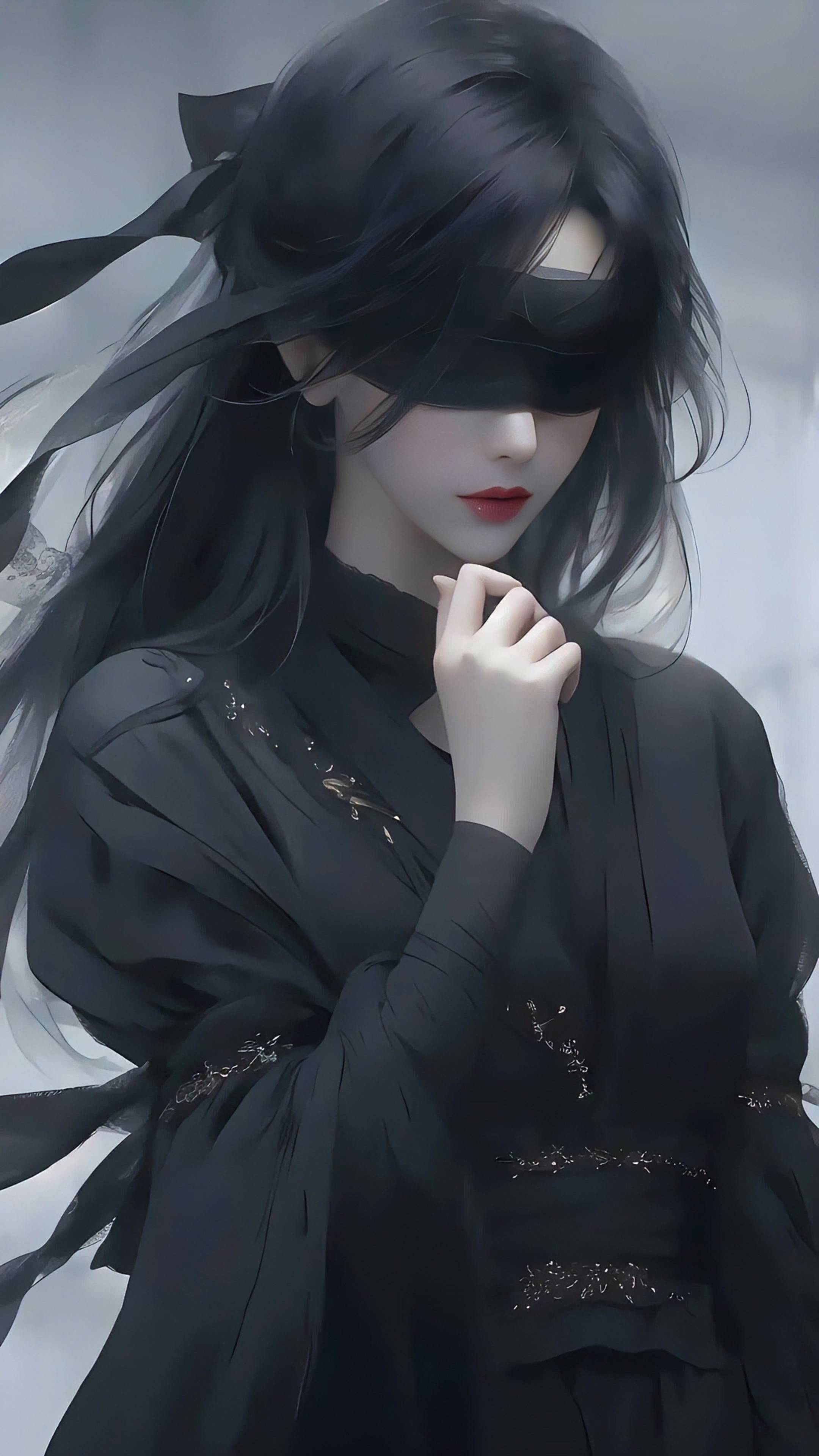 4K 清冷古风蒙眼黑衣少女手机壁纸 暗黑国风人物插画