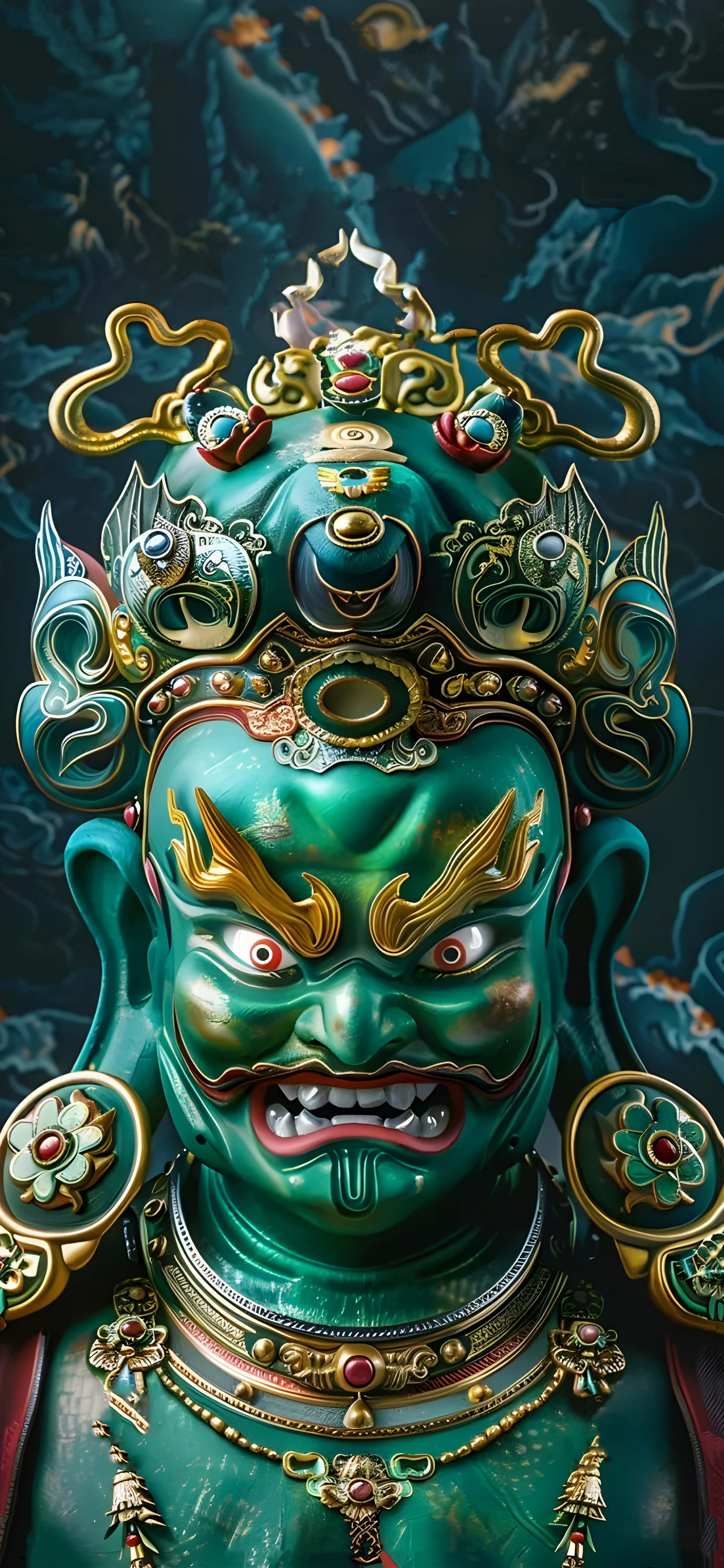 4K 高清藏传绿身护法神像竖版特写,青绿色护法造像,忿怒面相,鎏金宝冠镶嵌彩宝,深色祥云背景,藏式宗教雕像,无水印手机壁纸
