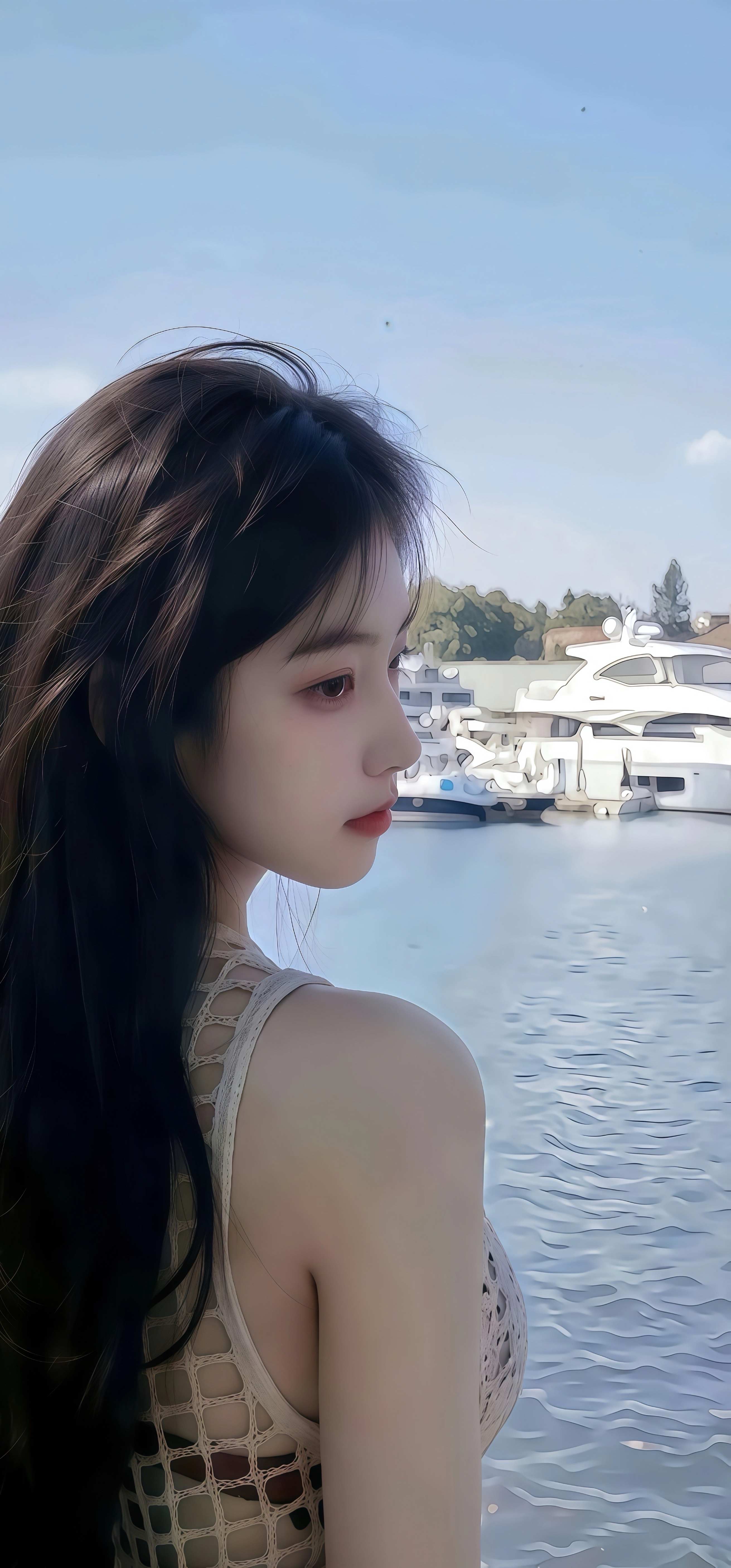 海边码头氛围感人像壁纸 黑长直侧脸少女竖版手机锁屏