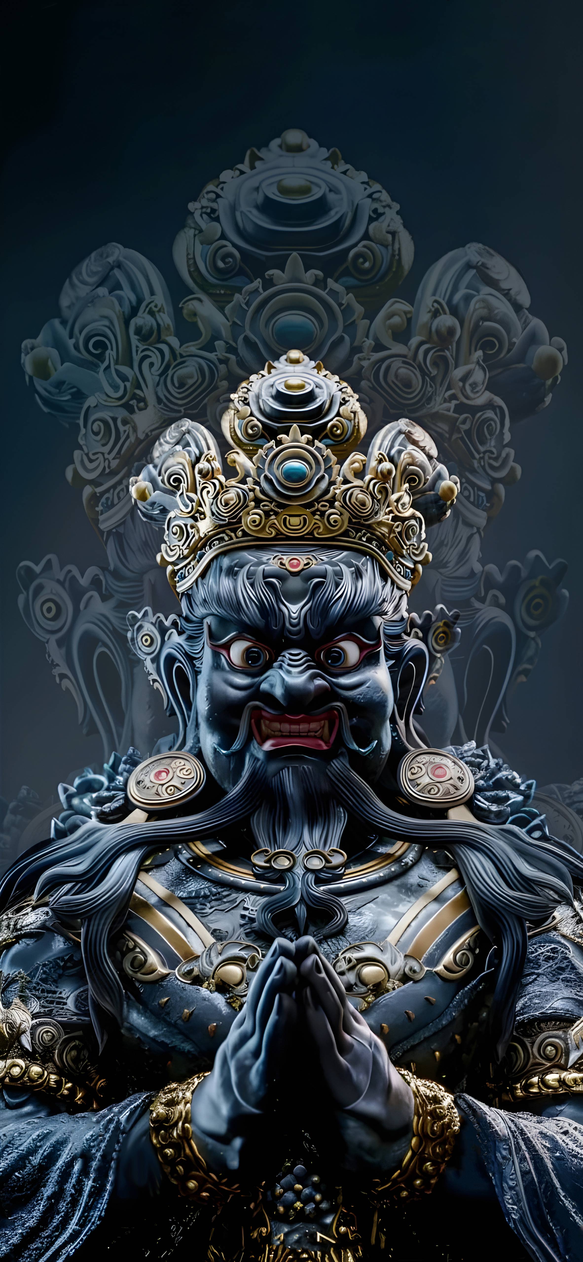 4K 藏传黑身鎏金护法神像重影竖版特写 高清无水印手机壁纸