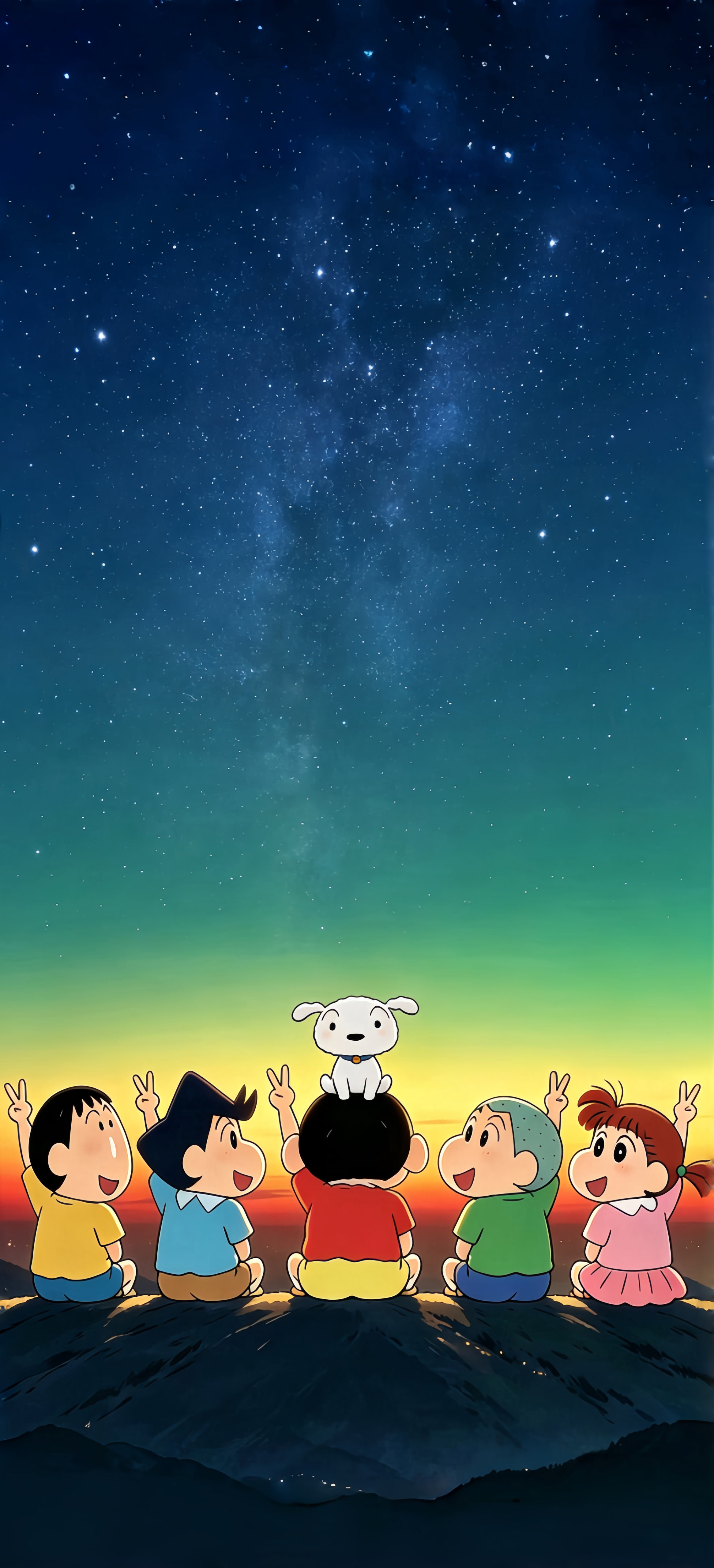 蜡笔小新五人组背影星空壁纸 山顶银河日落渐变治愈卡通竖版手机锁屏