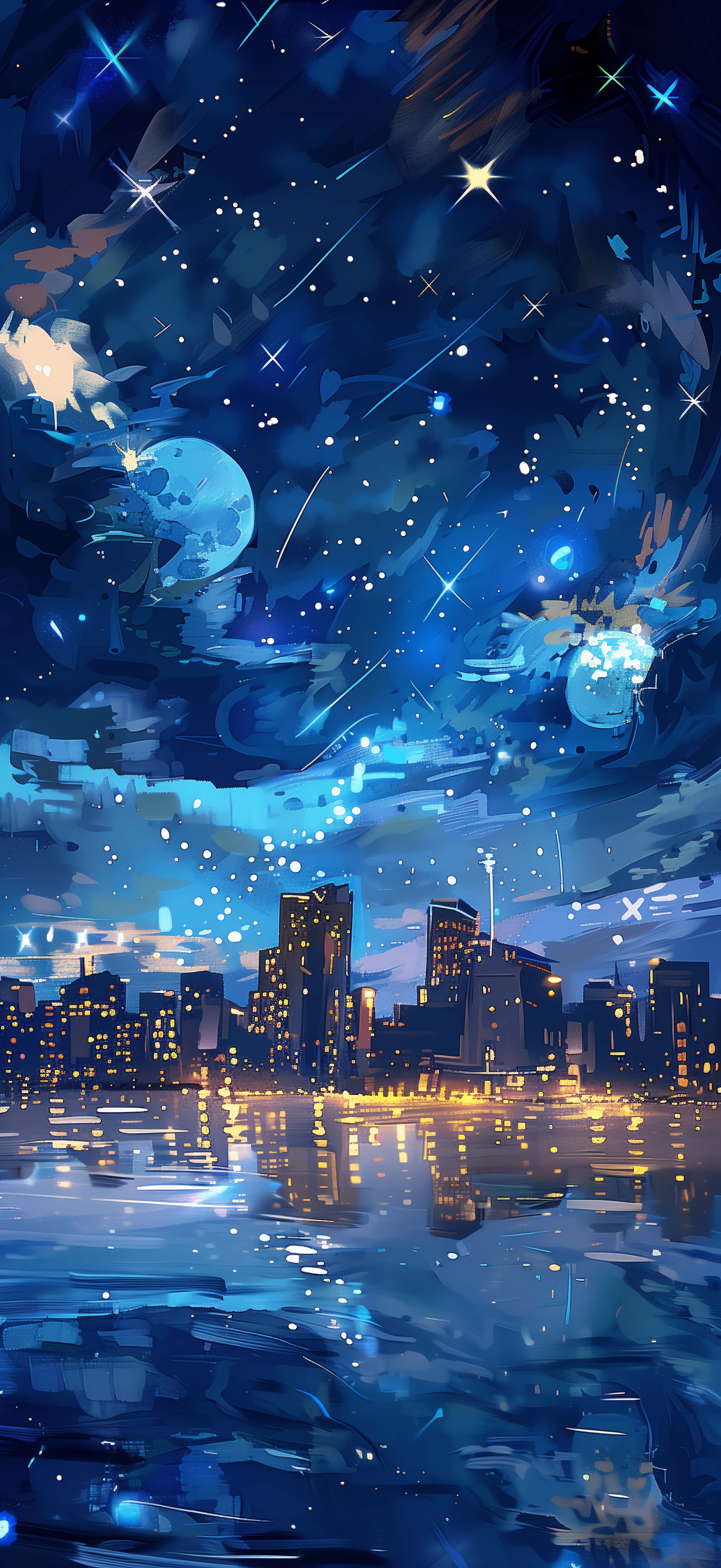 4K 蓝色星空城市夜景手机壁纸 治愈动漫满月流星插画无水印