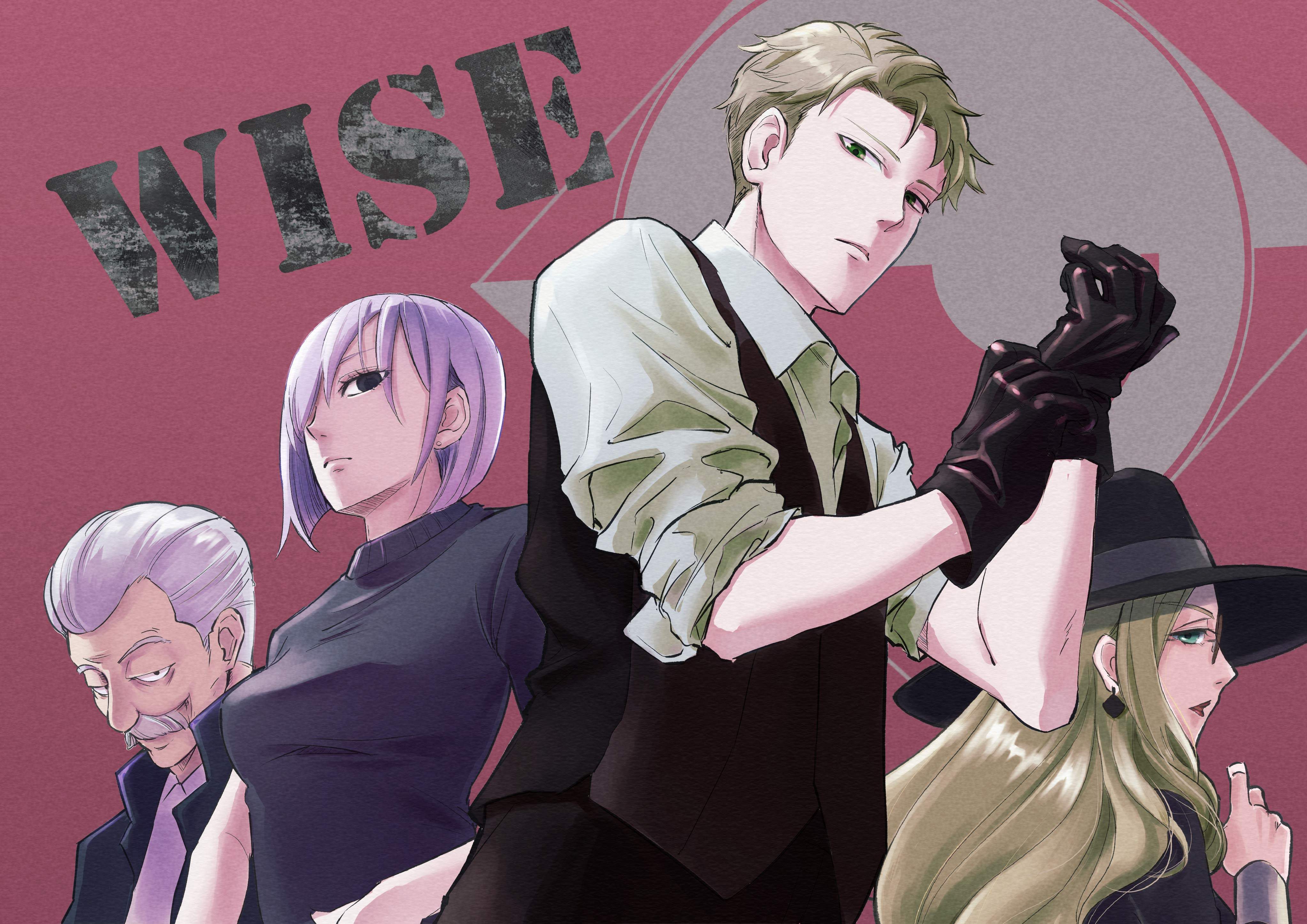 Spy x Family 间谍过家家 WISE 西国情报局角色横版插画,劳埃德与 WISE 组织成员,暗红色背景,漫画质感 4K 高清无水印电脑壁纸