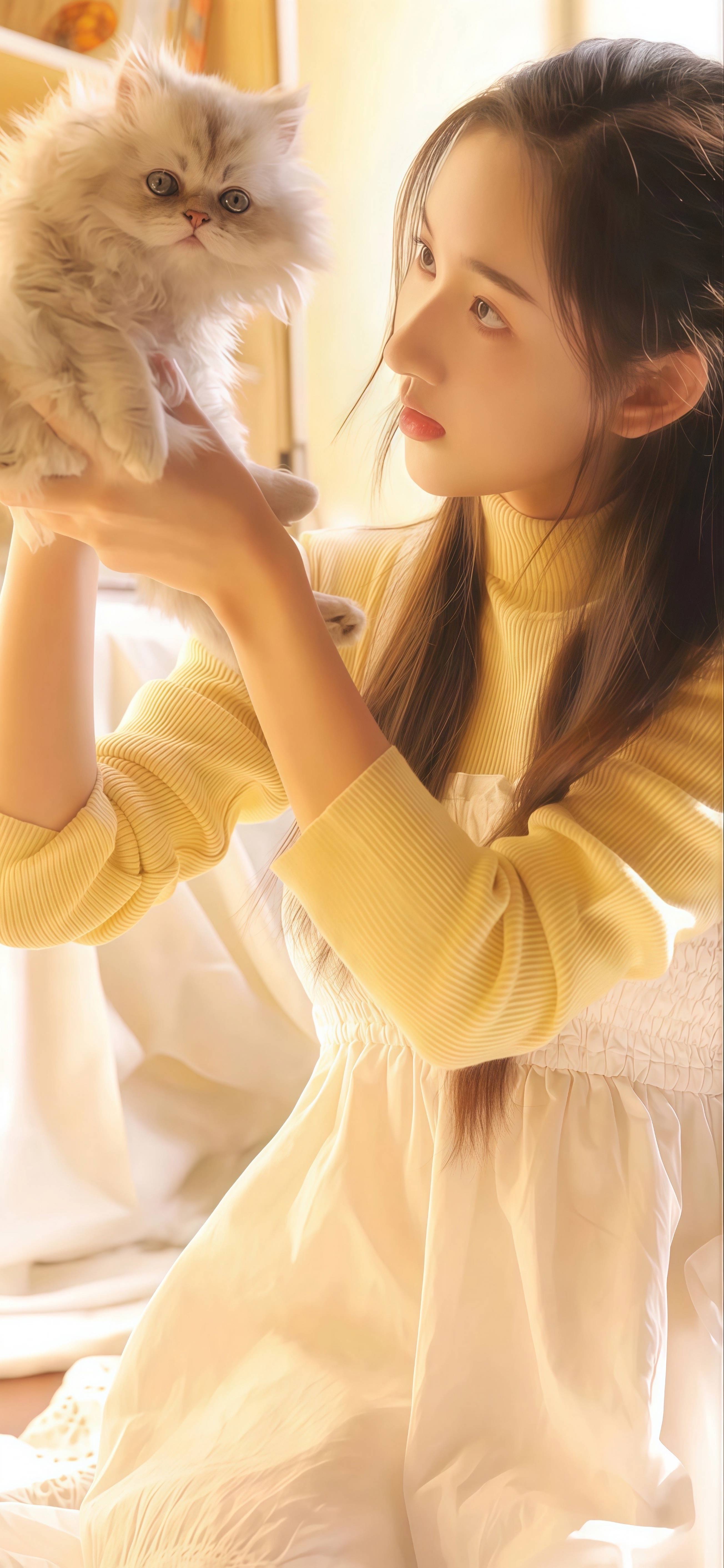 暖光治愈猫咪壁纸 少女与小猫竖版手机锁屏