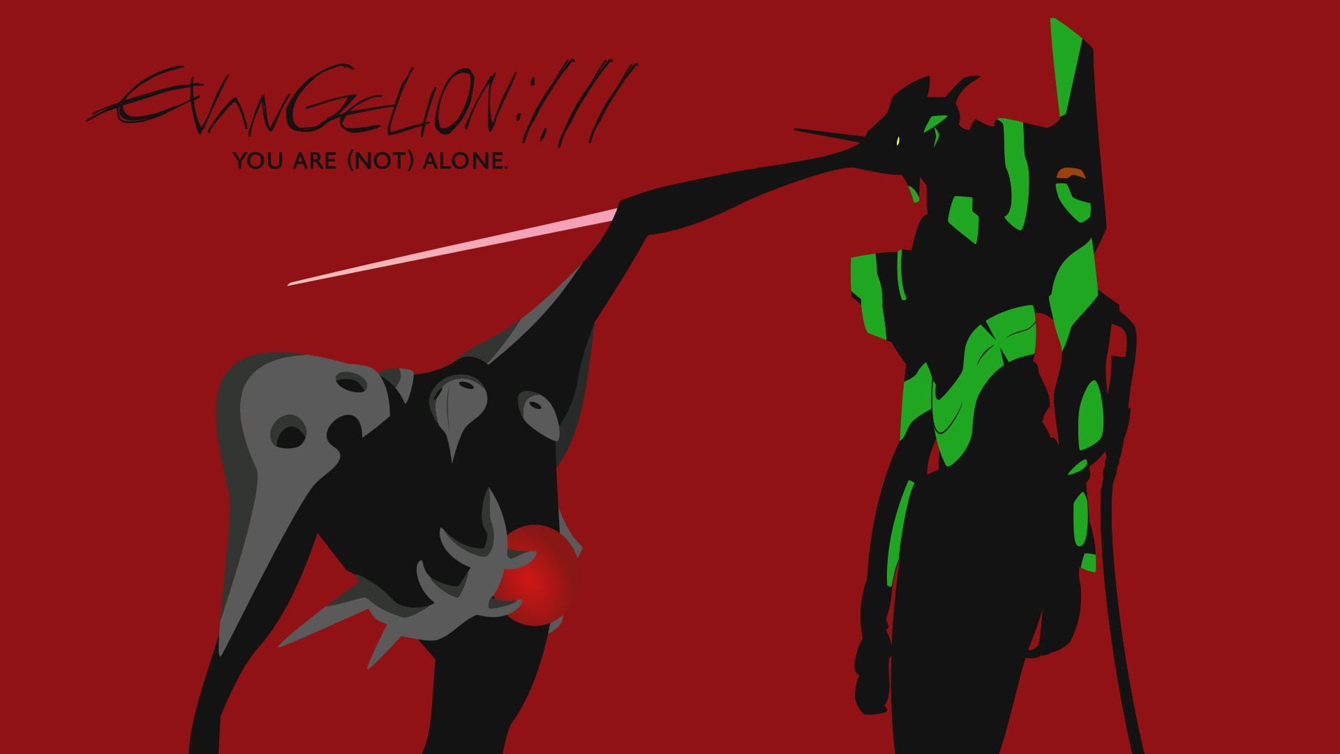 EVA 初号机对战使徒扁平化矢量 4K 横版电脑壁纸,红色背景,EVANGELION 1.11 文字插画