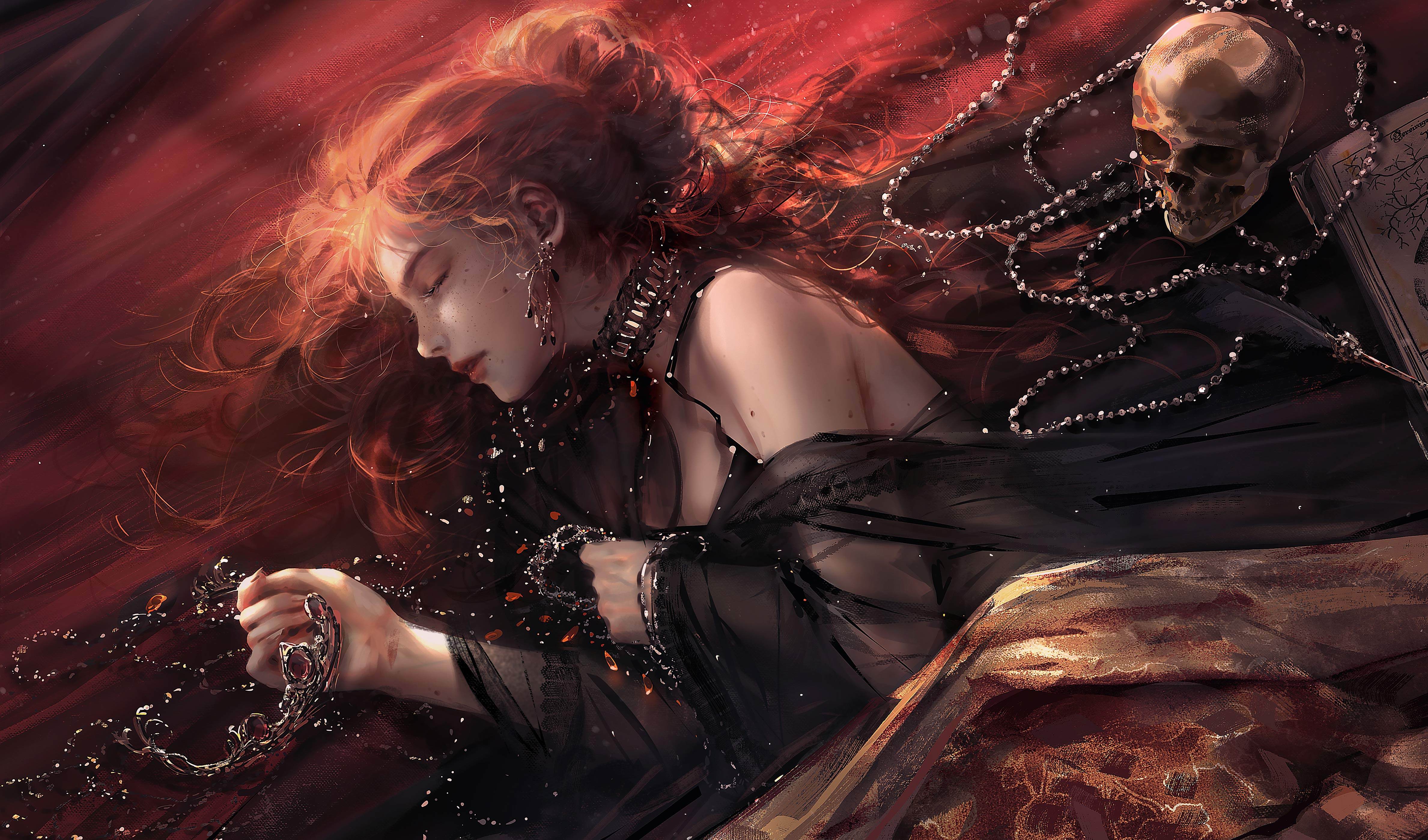 红发黑袍暗黑风少女高清 4K 壁纸|复古油画质感同人插画