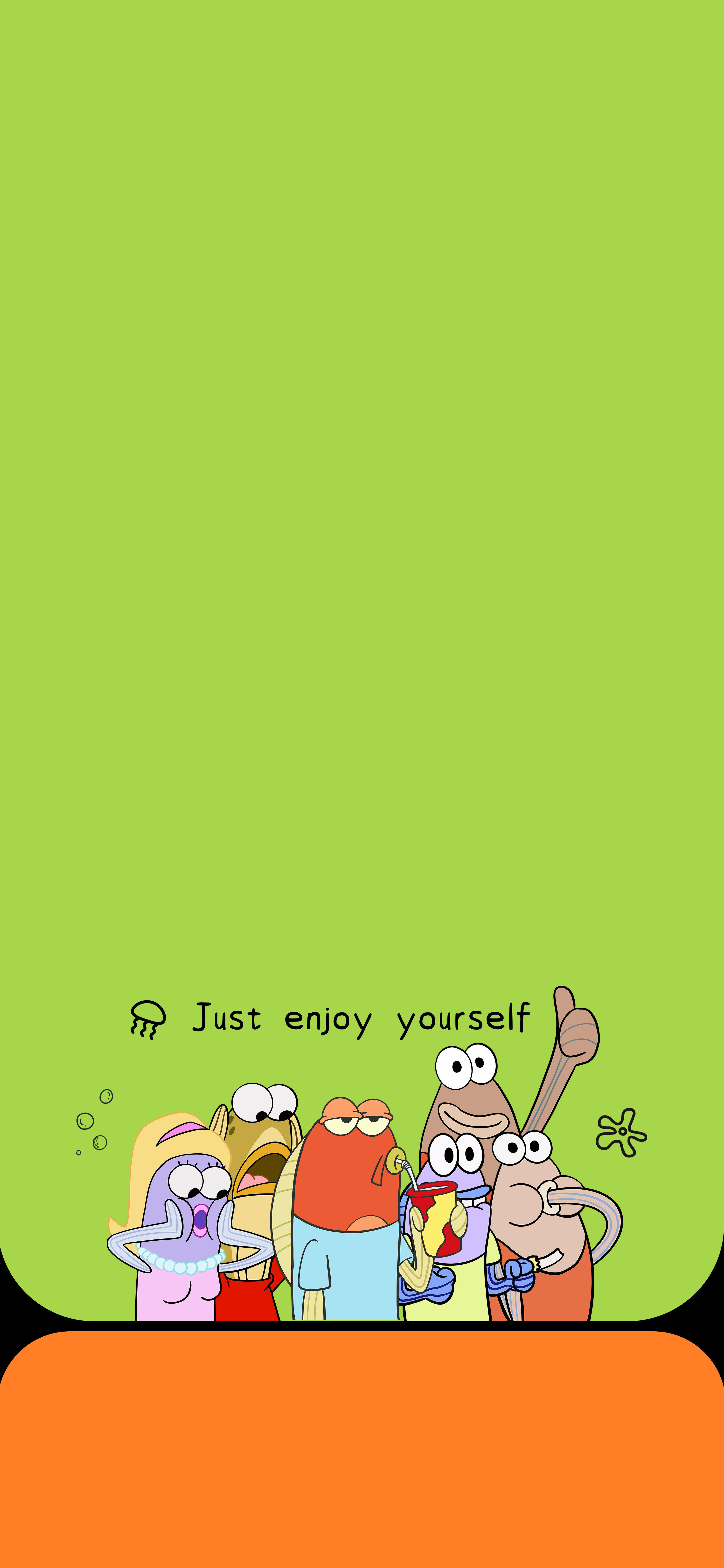 海绵宝宝路人鱼壁纸 Just enjoy yourself 清新绿底卡通竖版手机锁屏