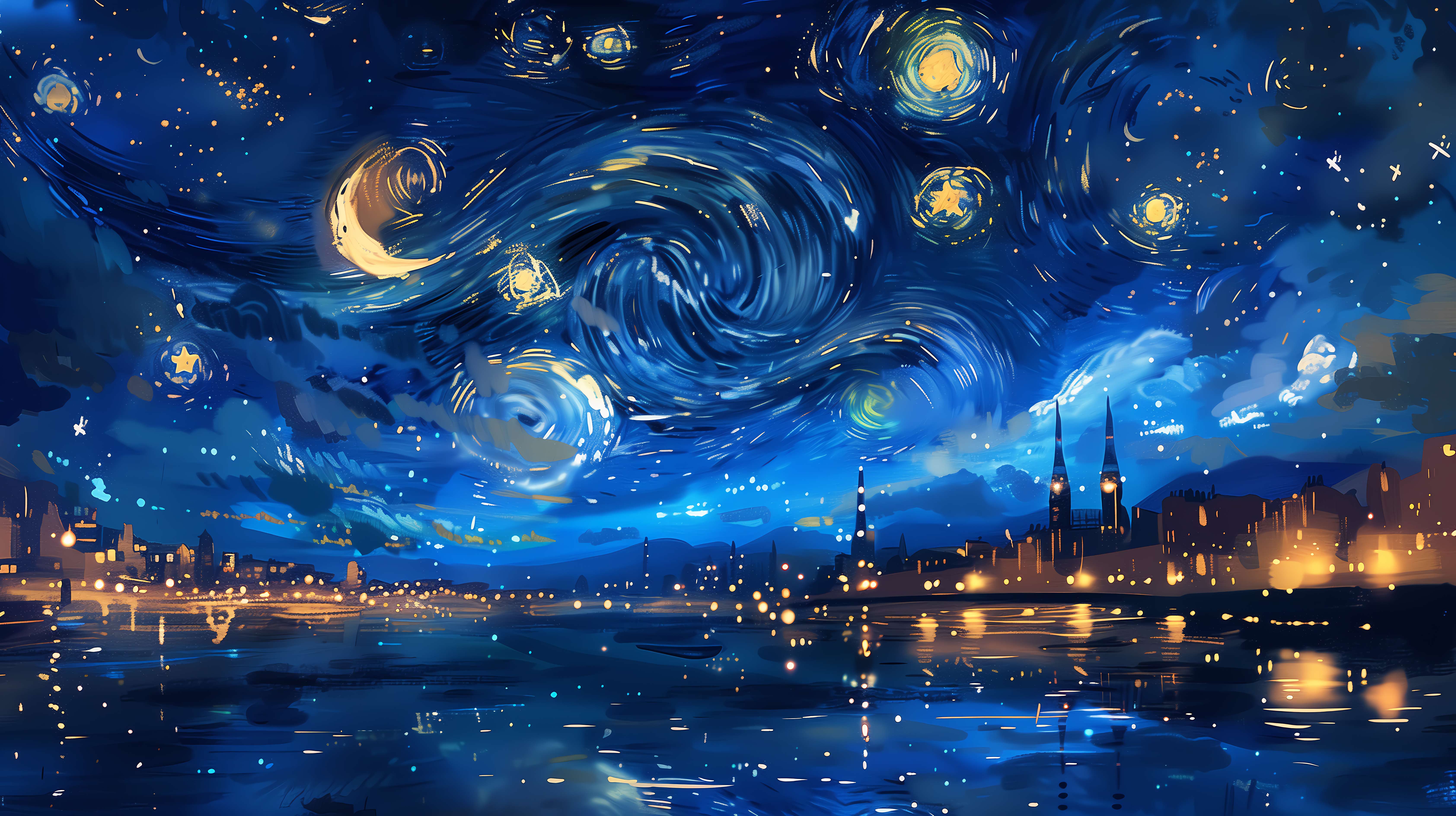 4K 梵高星夜漩涡星空欧式小镇电脑壁纸 油画质感河畔夜景插画无水印