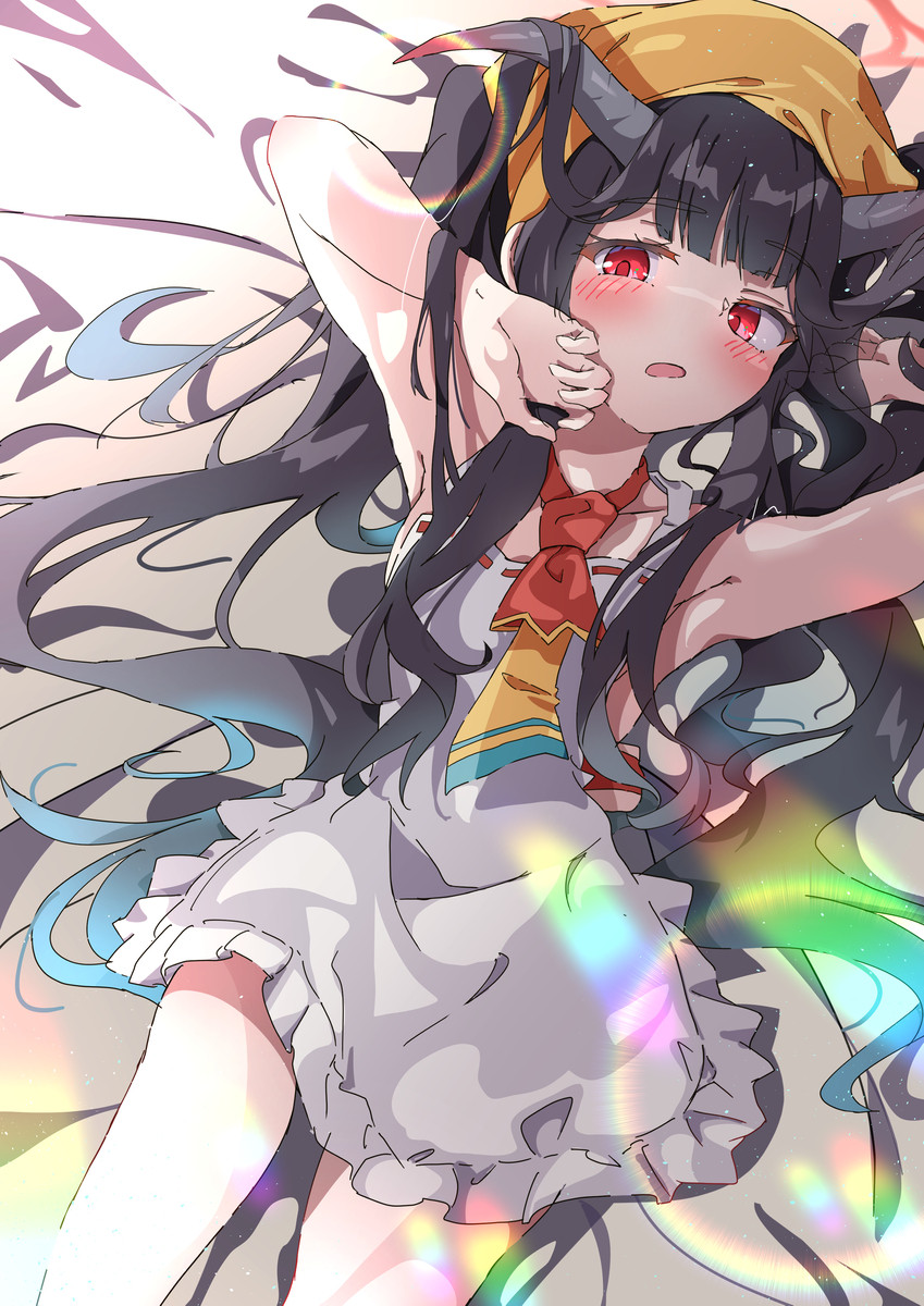 日系二次元 4K 高清壁纸 黑长双马尾恶魔角少女彩虹光斑动漫插画原画