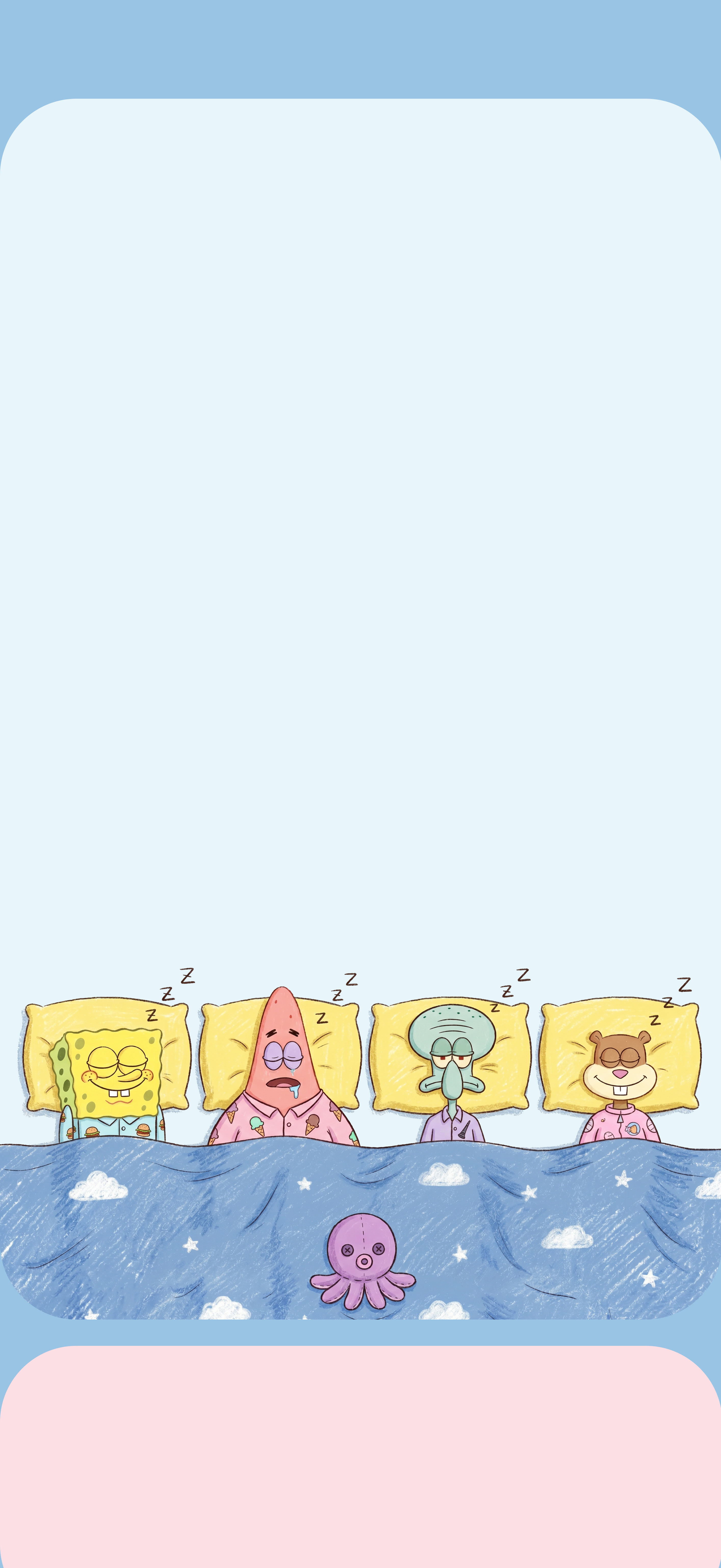 海绵宝宝全员睡觉壁纸 蜡笔手绘蓝粉圆角治愈卡通竖版手机锁屏