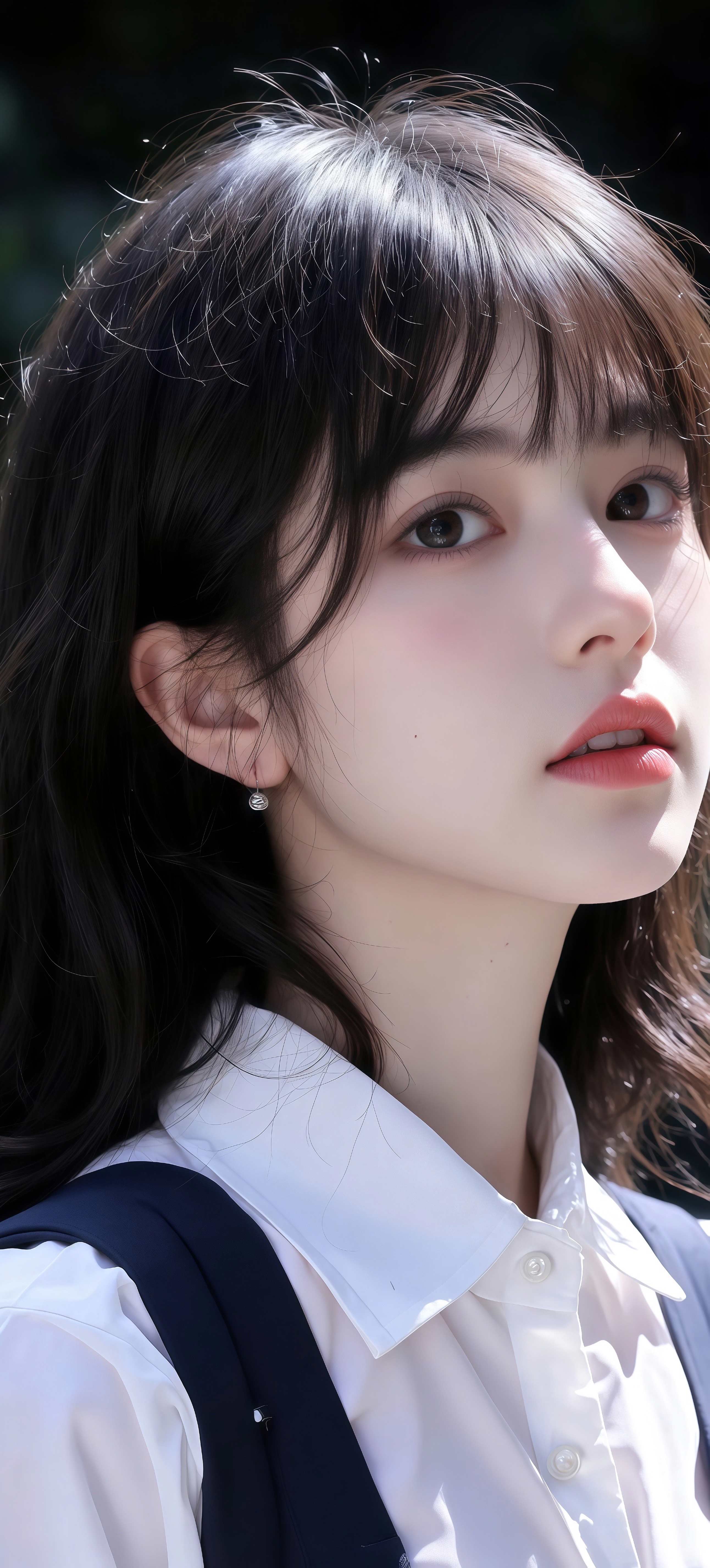 清新校园风人像壁纸 齐刘海白衬衫少女竖版手机锁屏
