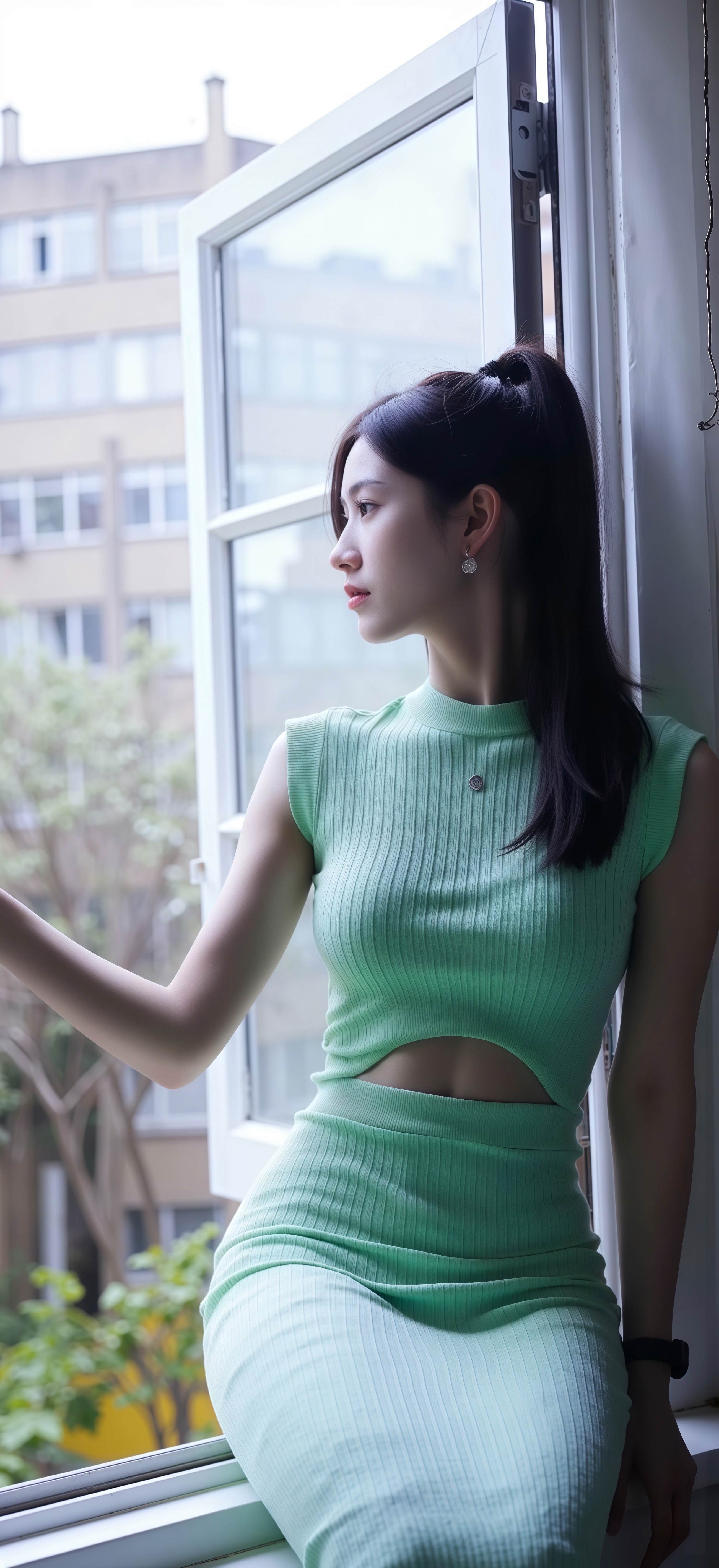 窗边清冷壁纸 薄荷绿套装少女竖版手机锁屏