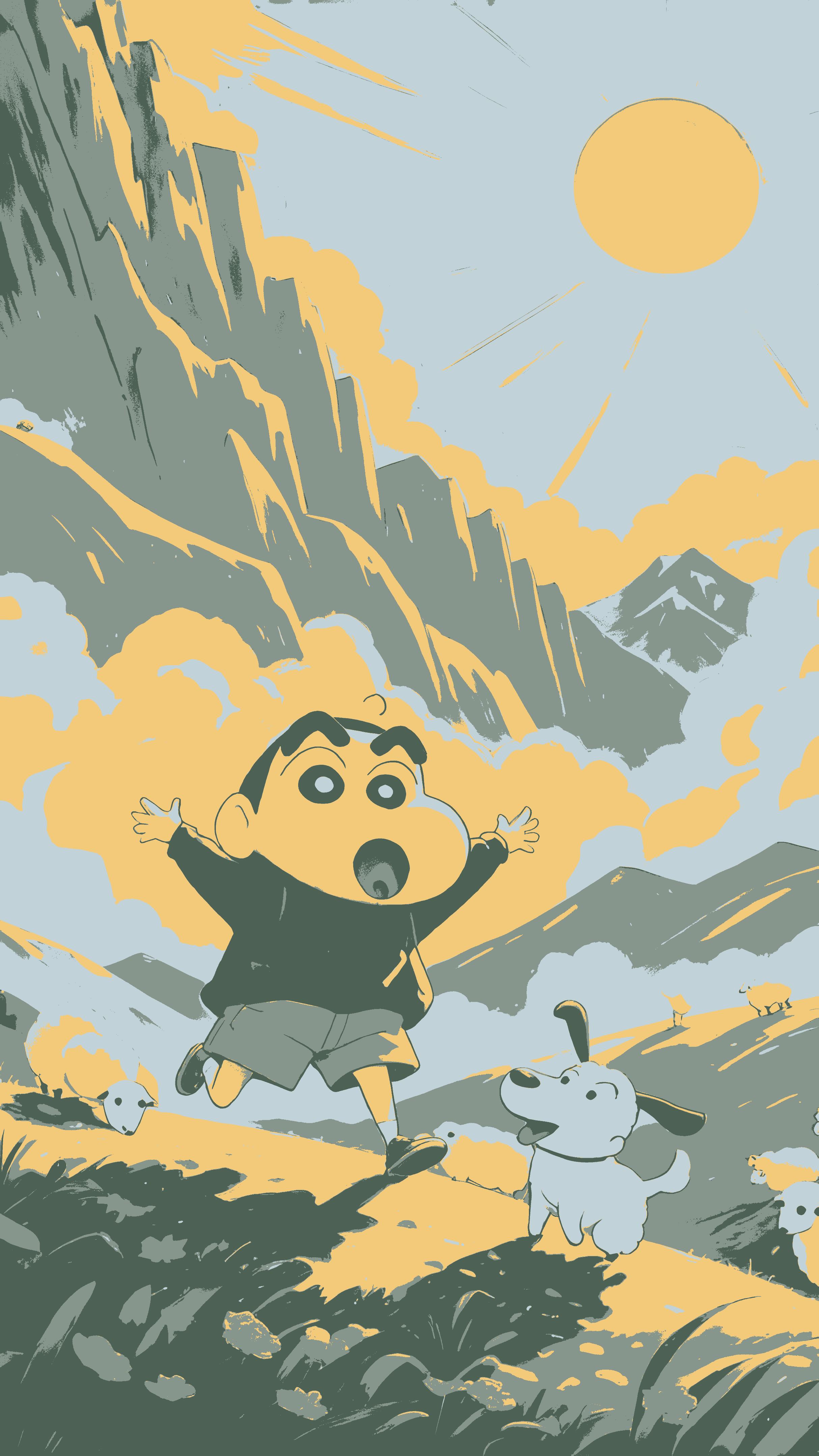 蜡笔小新山野户外壁纸 复古版画风小新小白手机高清插画壁纸