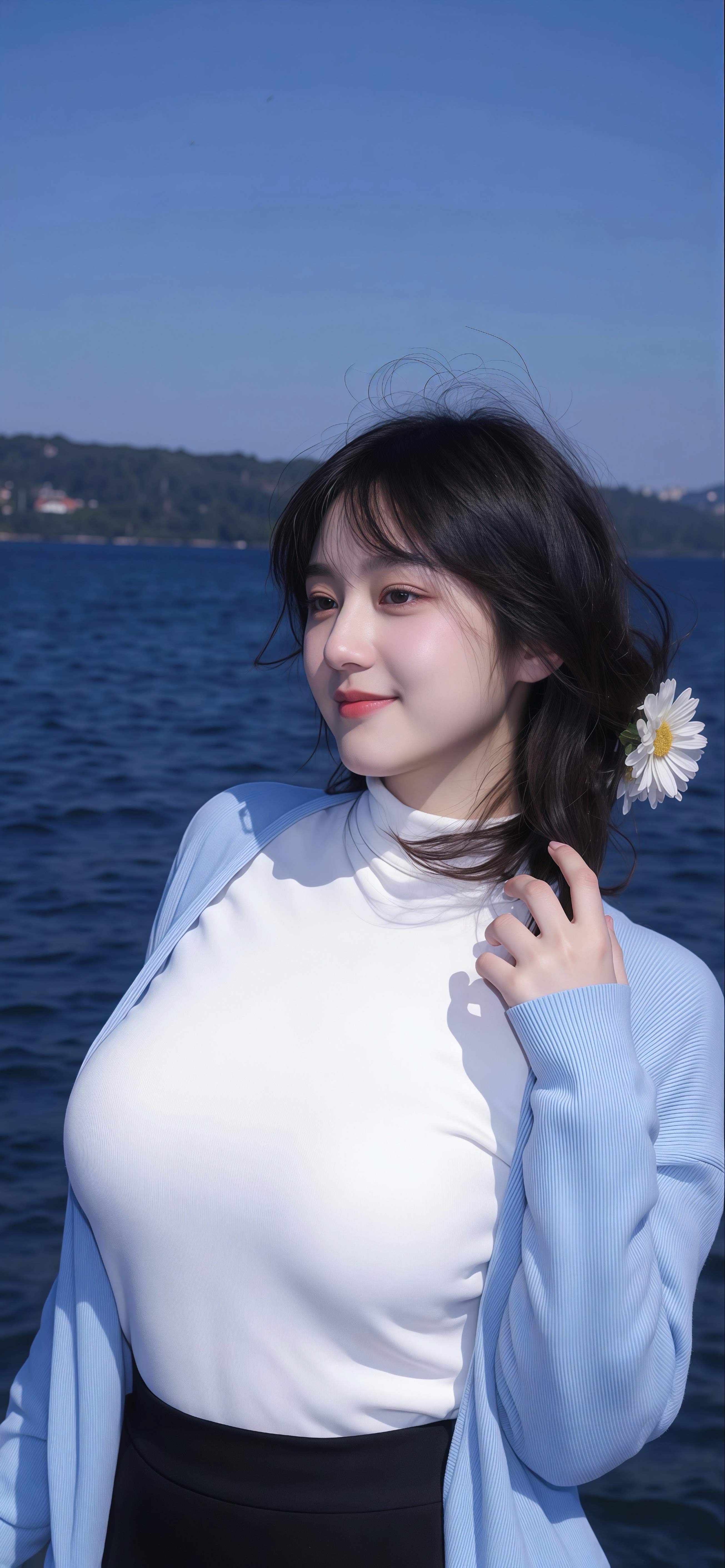 湖畔雏菊清新壁纸 海边少女竖版手机锁屏