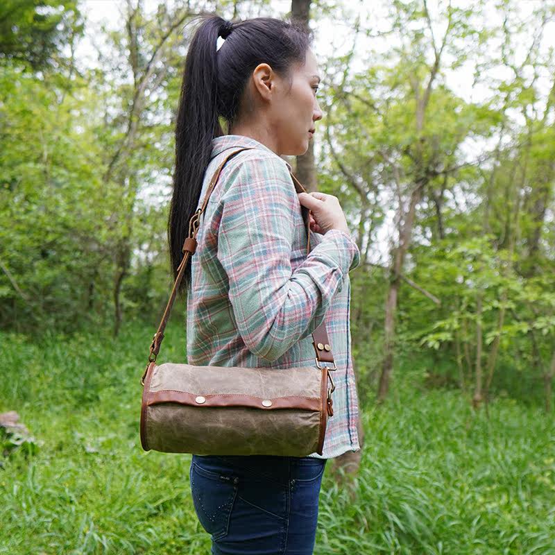 bushcraft outdoor camping single shoulder waterproof slanted satchel canvas Bull Leather Retro Casual Bag Hang containing bag
