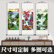 Landscape painting by the mountain Feng Shui Caishui vertical scroll painting calligraphy painting living room decoration Hongyun head porch silk painting