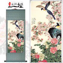 Feng Shui Xuan bedroom office peony painting vertical Chinese painting living room flower rich decoration mural silk scroll painting
