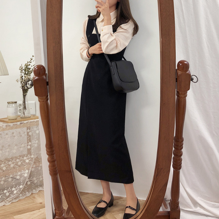 Mùa thu và mùa đông retro Pháp bellflower khí phần dài chia eo Pháp nhỏ dây đeo búp bê ăn mặc nữ ăn mặc váy liền thân chữ a