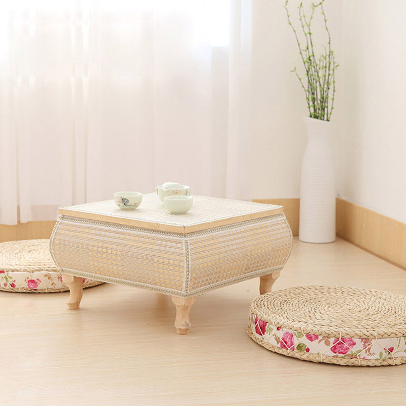 Straw woven bamboo woven Japanese solid wood bay window table small tatami tea table window sill balcony computer simple low square kang table