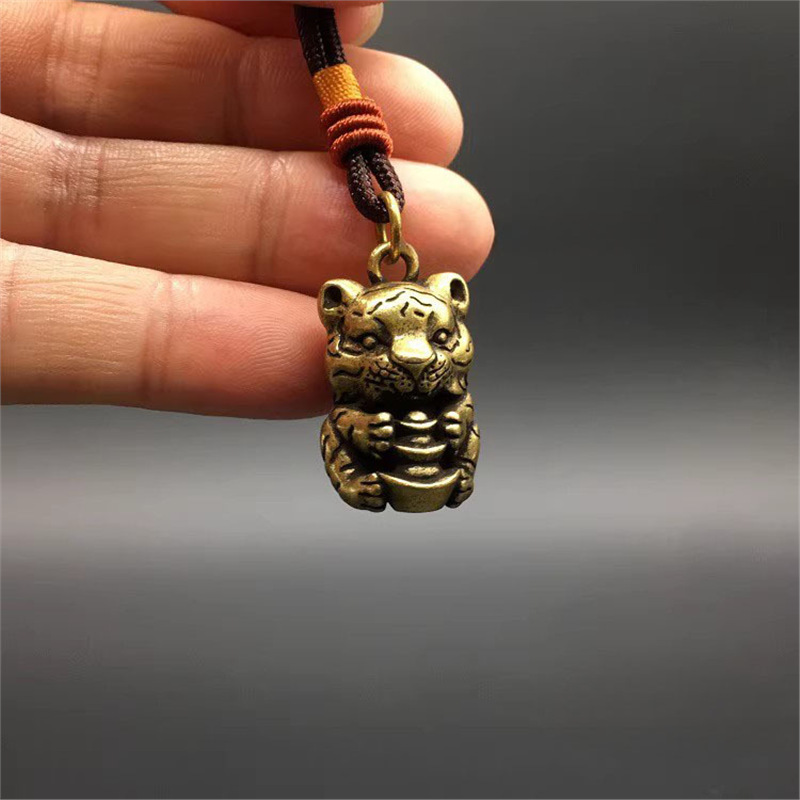 Solid Brass Little Tiger Pendant Holding Ingot Tiger Zodiac Tiger Cute Copper Tiger Keychain Pendant