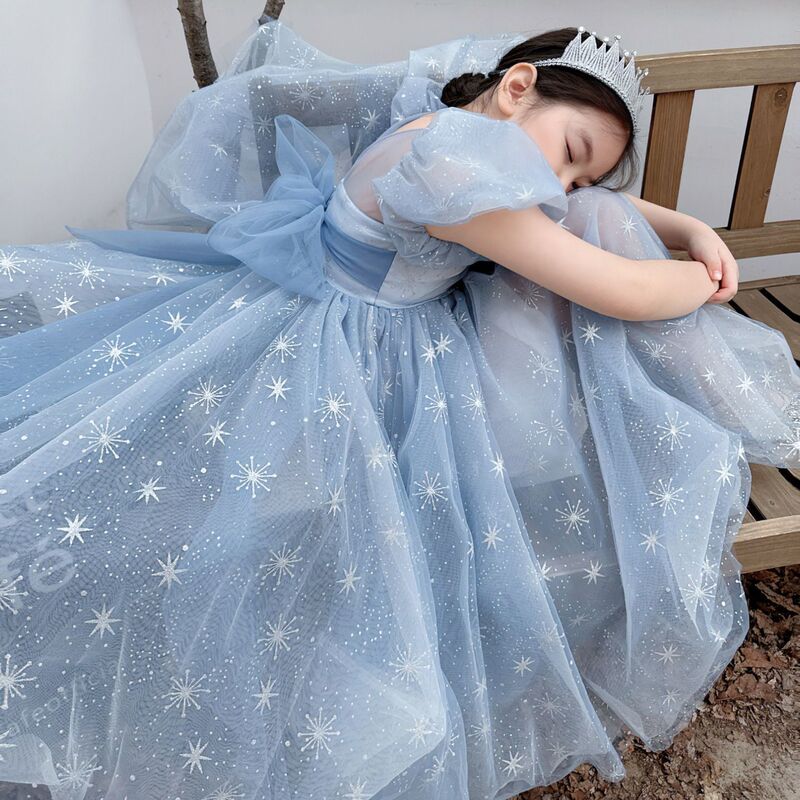 2025 Summer New Girls' Elsa Princess Snowflake Embroidered Mesh Dress with Large Skirt Princess Elsa Long Dress