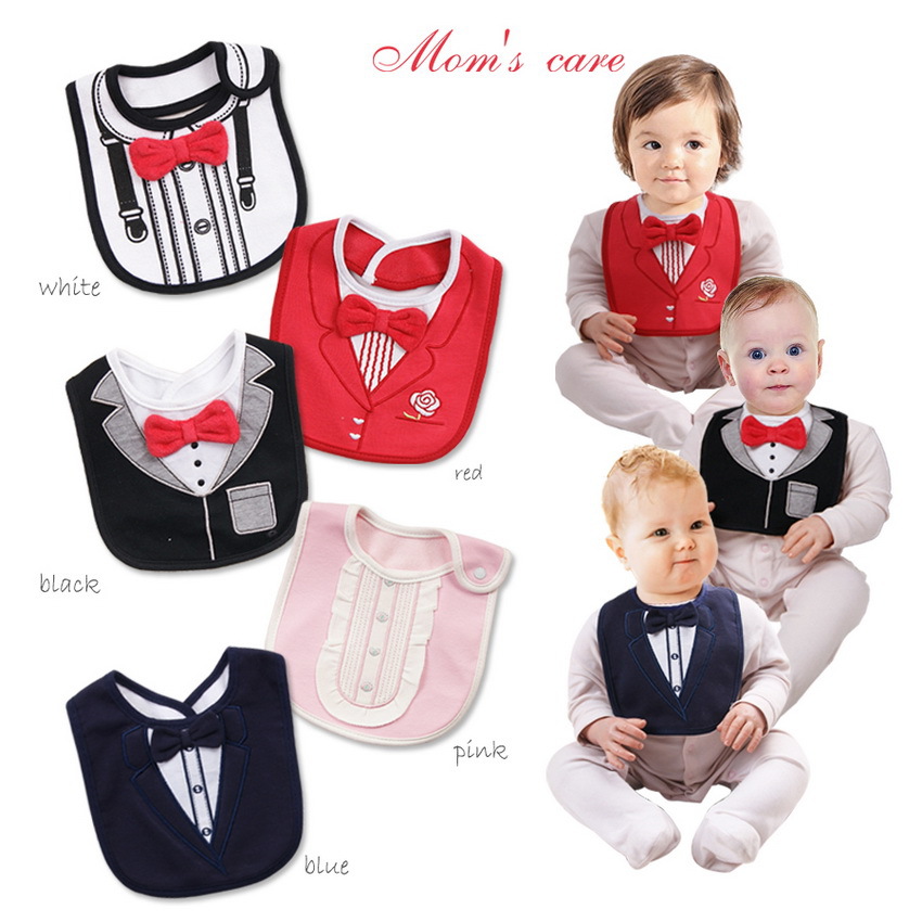 Three Babies Solid Red Collar Junction Gentlemen Dress Styling Bib Baby Pure Cotton Waterproof Spat Towel